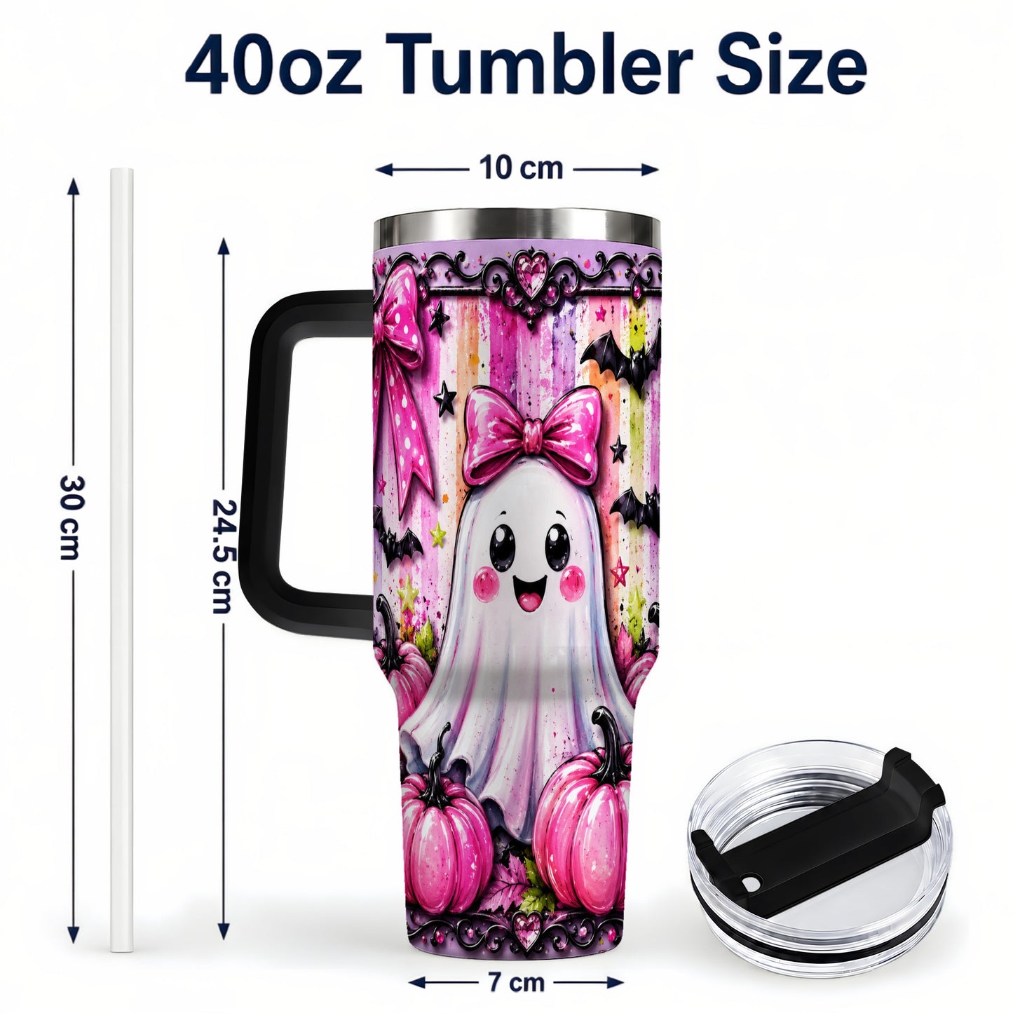 #pl[40oz|Black] Cute Ghost 40oz Tumbler with Handle, Halloween Stainless Steel Travel Cup