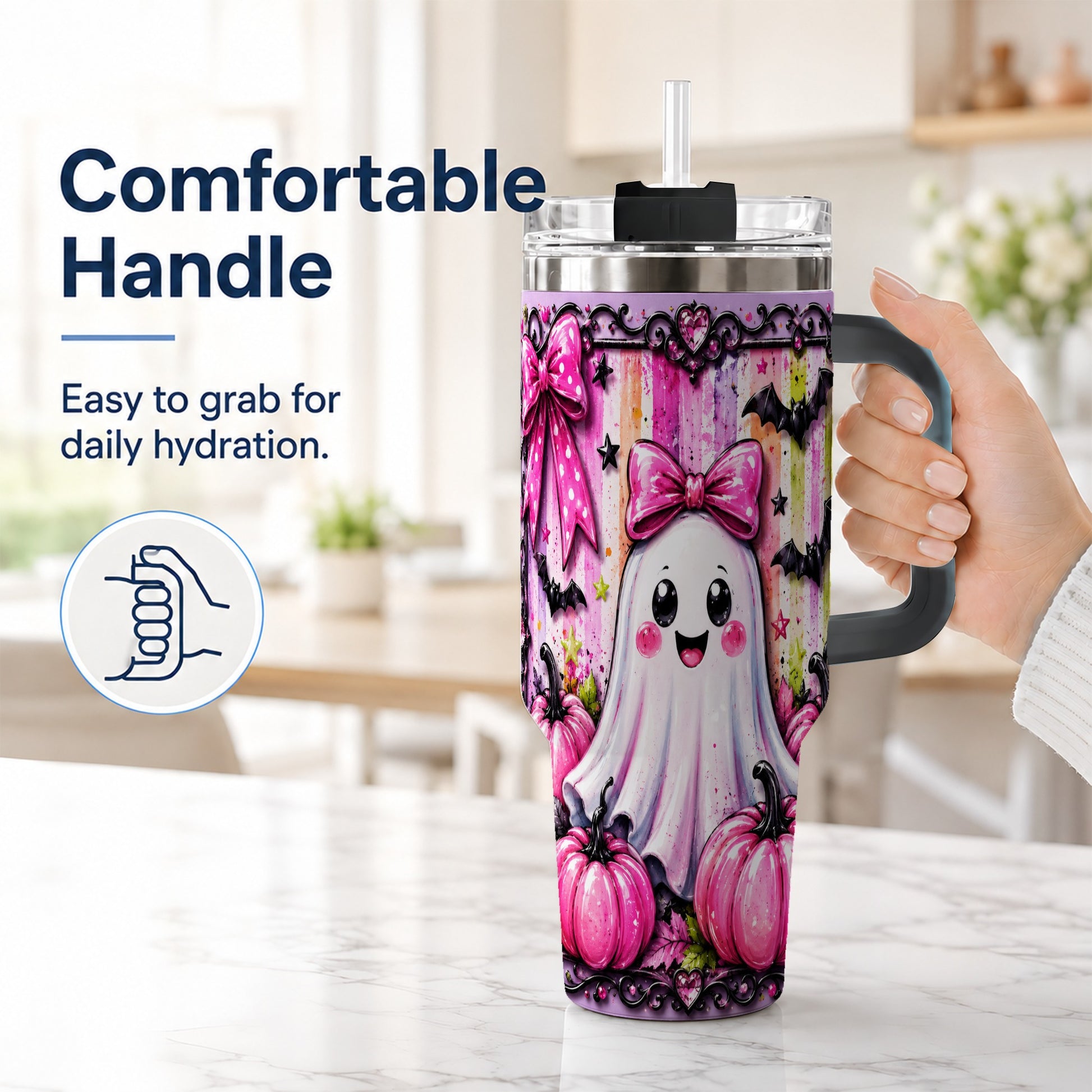 #pl[40oz|Black] Cute Ghost 40oz Tumbler with Handle, Halloween Stainless Steel Travel Cup