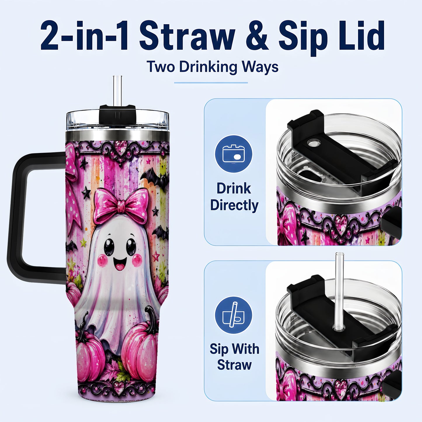 #pl[40oz|Black] Cute Ghost 40oz Tumbler with Handle, Halloween Stainless Steel Travel Cup
