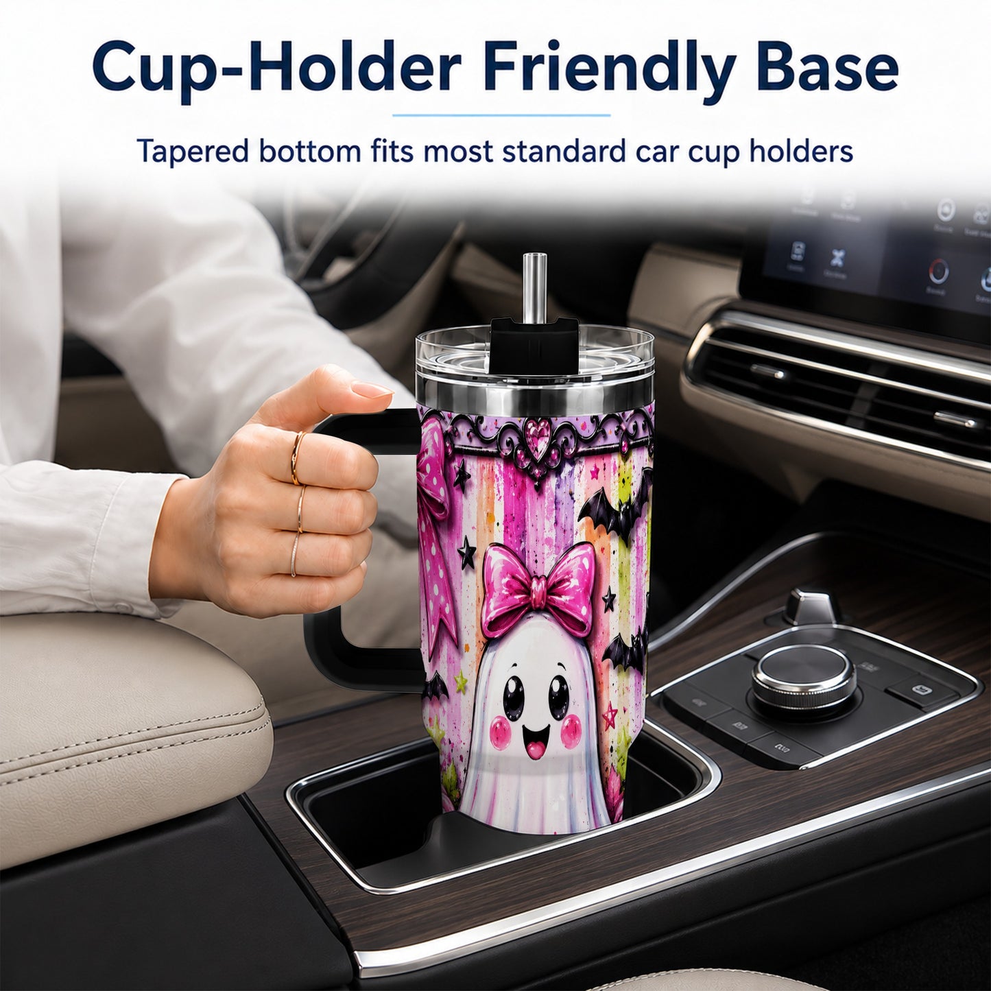 #pl[40oz|Black] Cute Ghost 40oz Tumbler with Handle, Halloween Stainless Steel Travel Cup