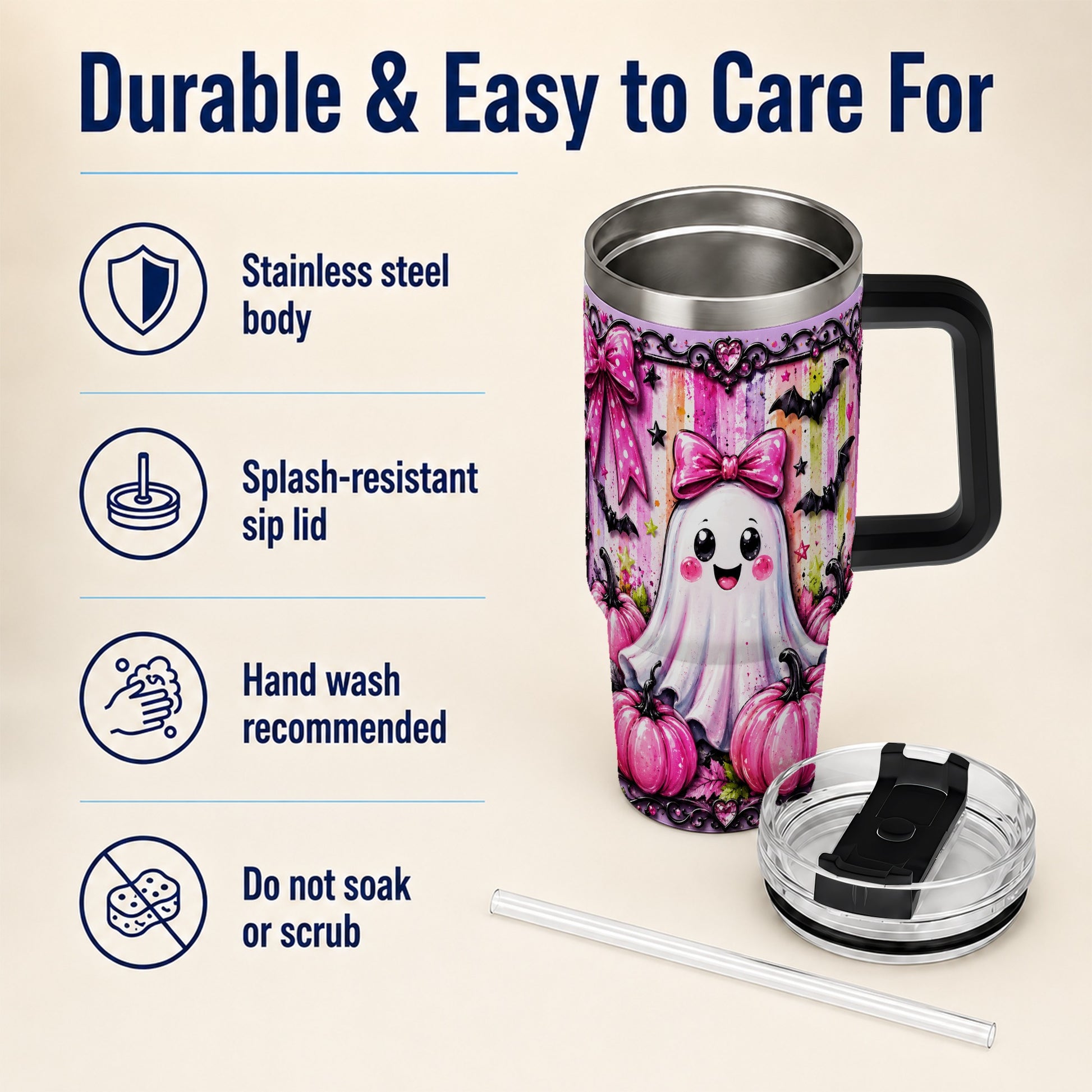 #pl[40oz|Black] Cute Ghost 40oz Tumbler with Handle, Halloween Stainless Steel Travel Cup