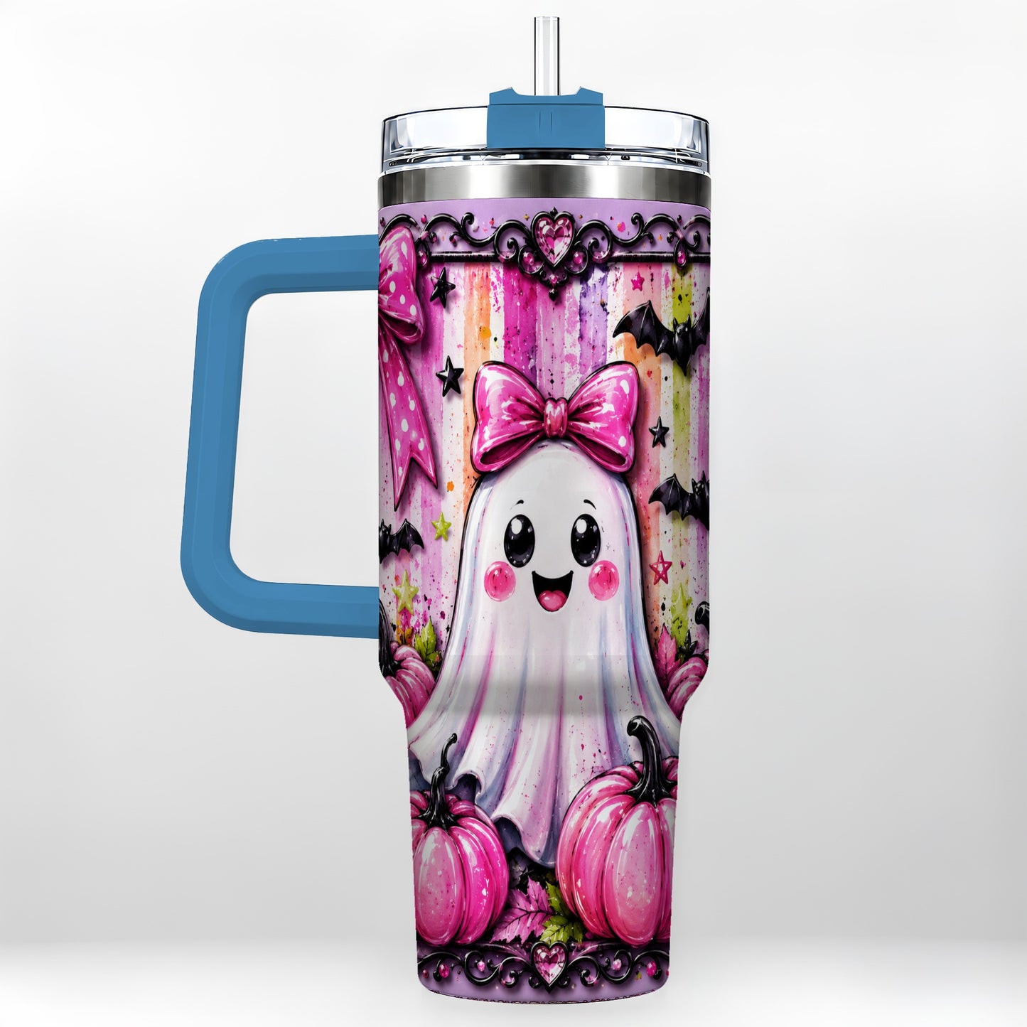#pl[40oz|Blue] Cute Ghost 40oz Tumbler with Handle, Halloween Stainless Steel Travel Cup