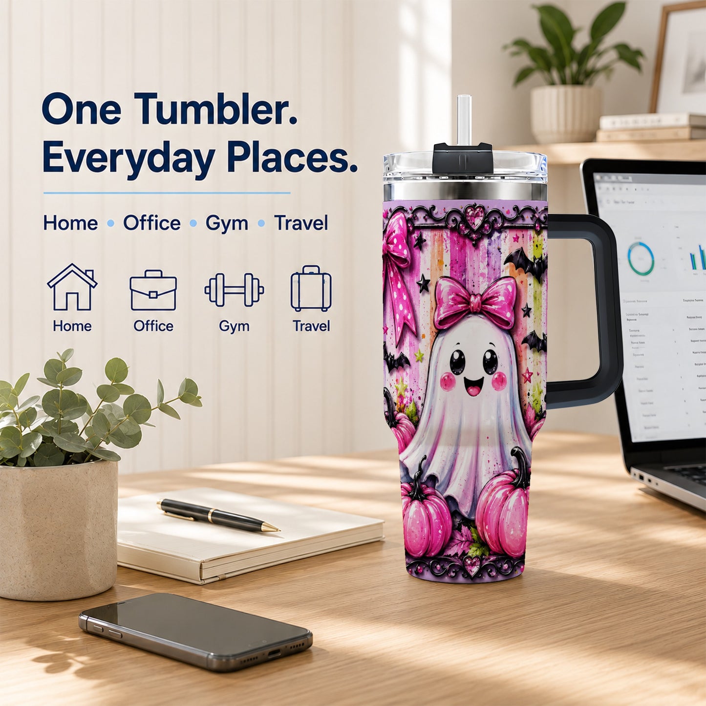 #pl[40oz|Black] Cute Ghost 40oz Tumbler with Handle, Halloween Stainless Steel Travel Cup