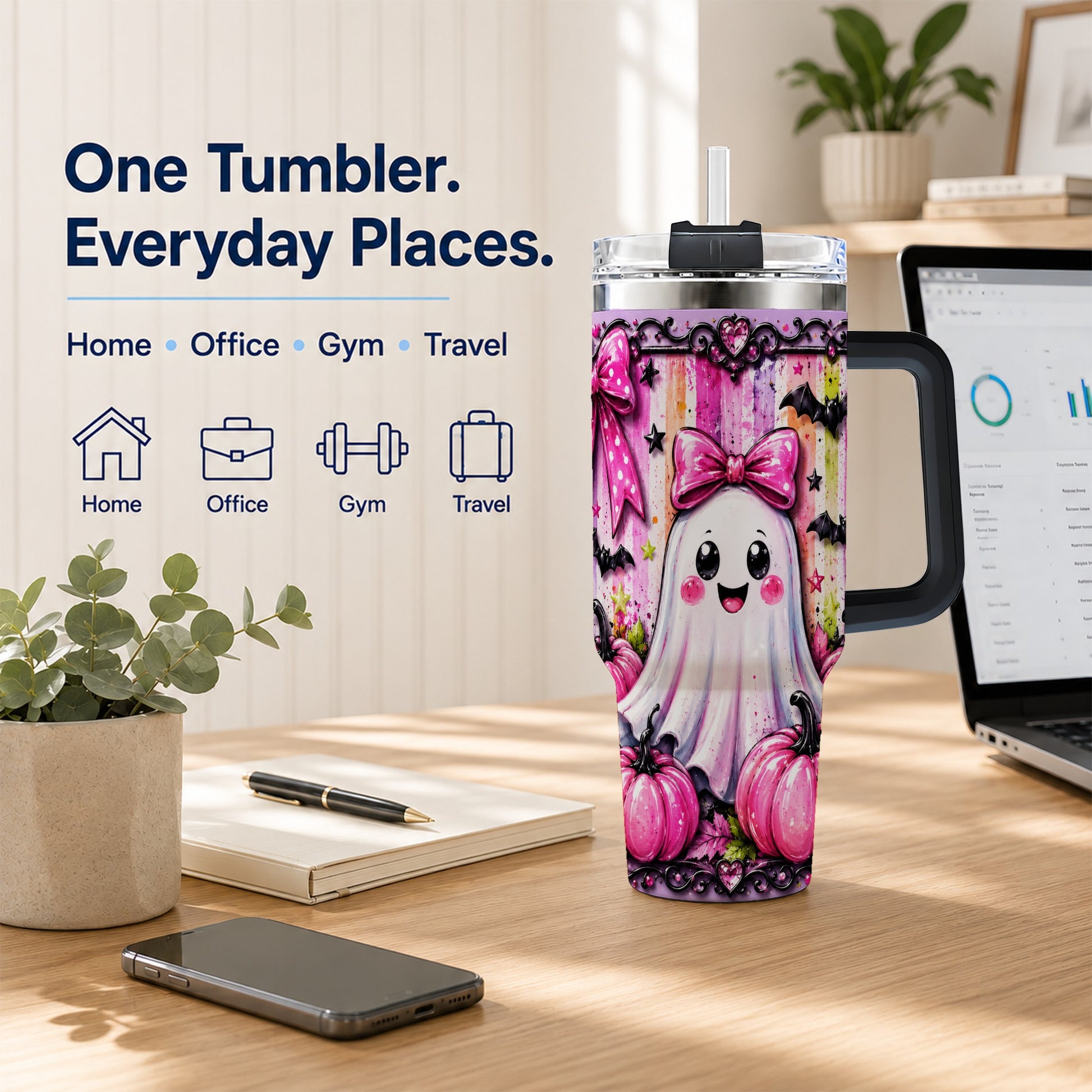 #pl[40oz|Black] Cute Ghost 40oz Tumbler with Handle, Halloween Stainless Steel Travel Cup