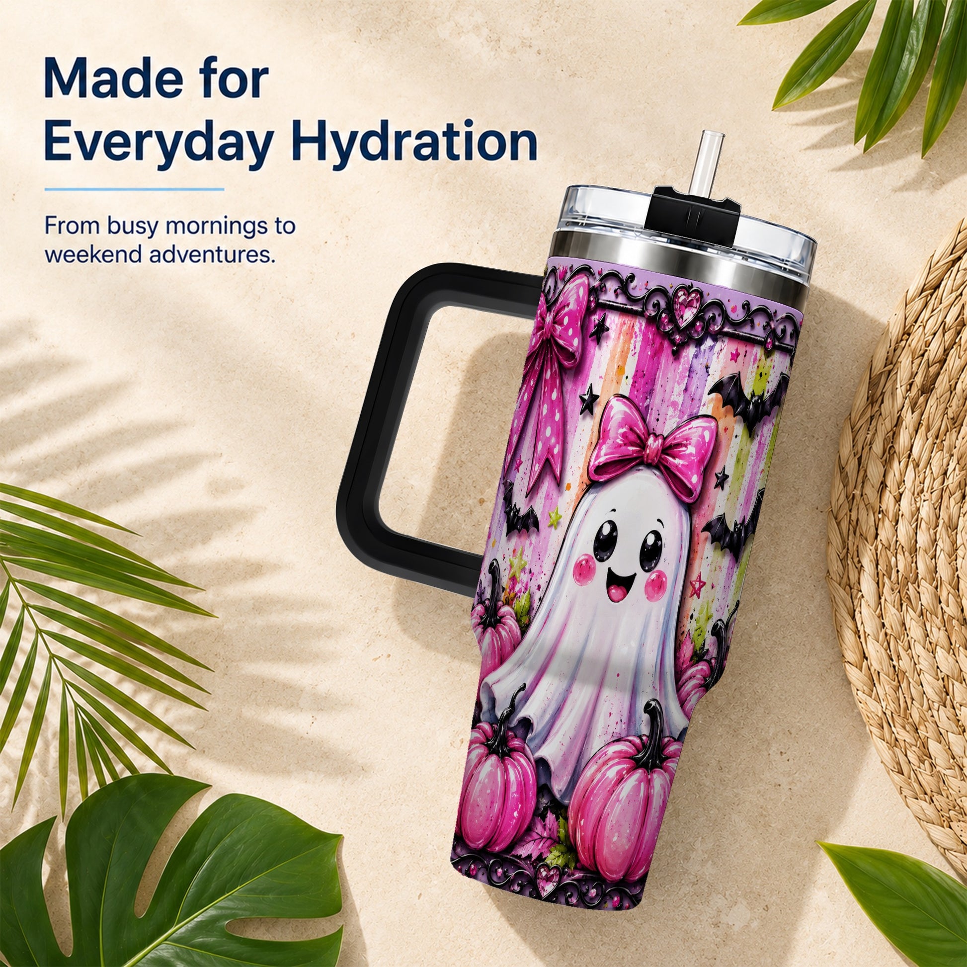 #pl[40oz|Black] Cute Ghost 40oz Tumbler with Handle, Halloween Stainless Steel Travel Cup