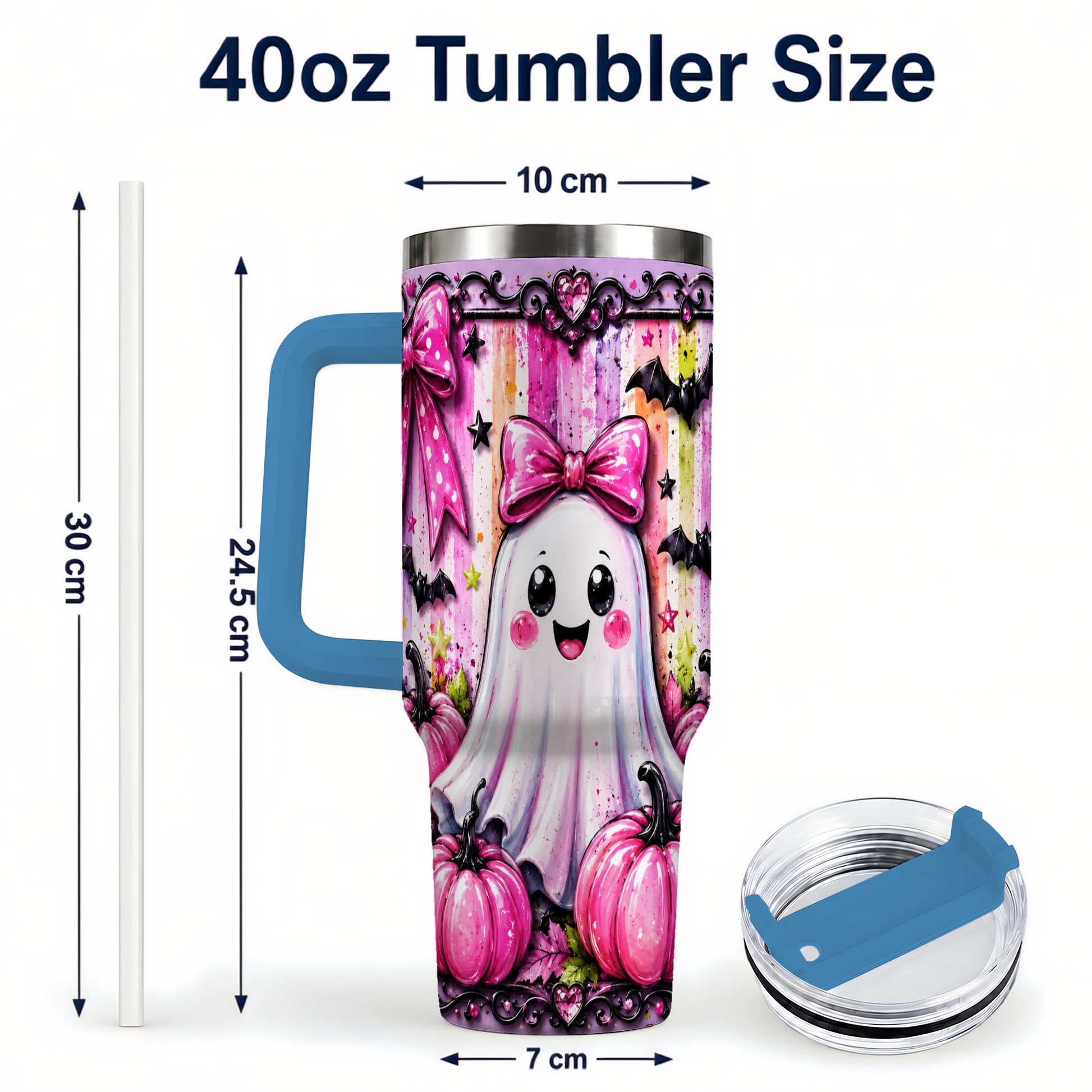 #pl[40oz|Blue] Cute Ghost 40oz Tumbler with Handle, Halloween Stainless Steel Travel Cup