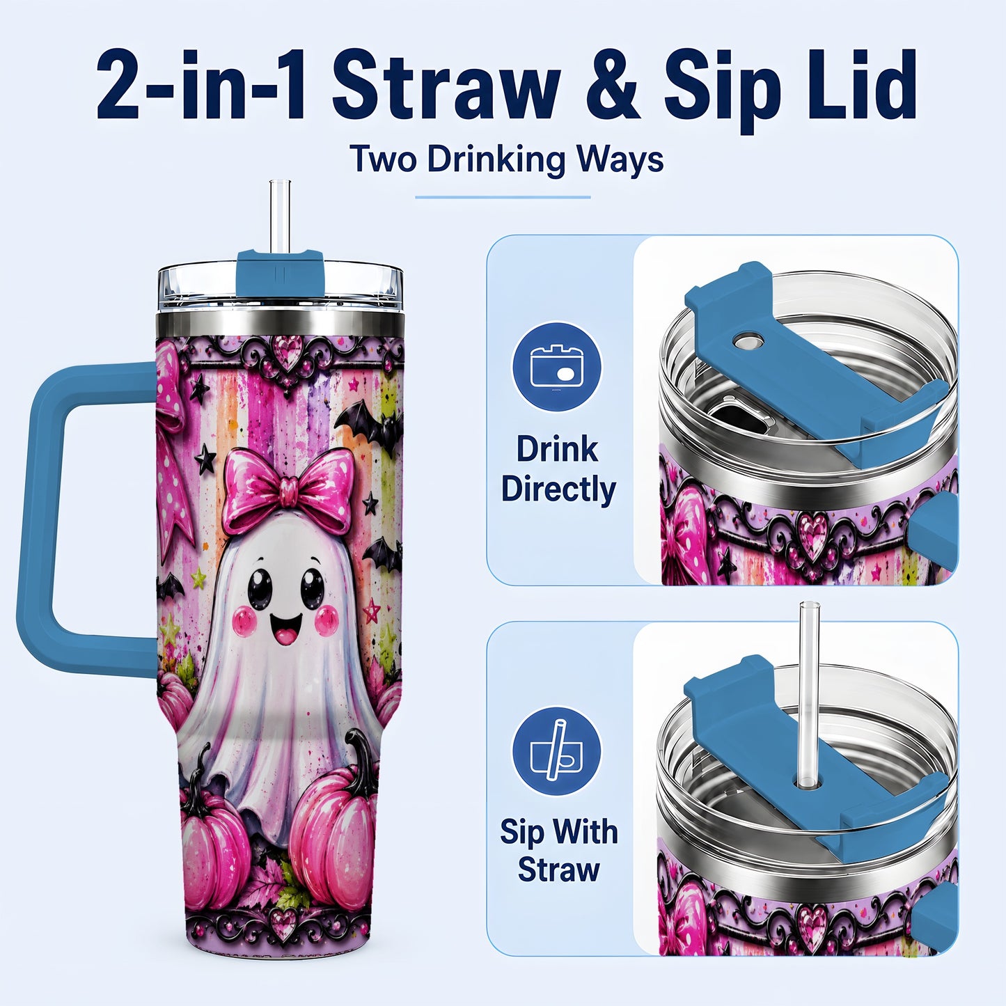 #pl[40oz|Blue] Cute Ghost 40oz Tumbler with Handle, Halloween Stainless Steel Travel Cup