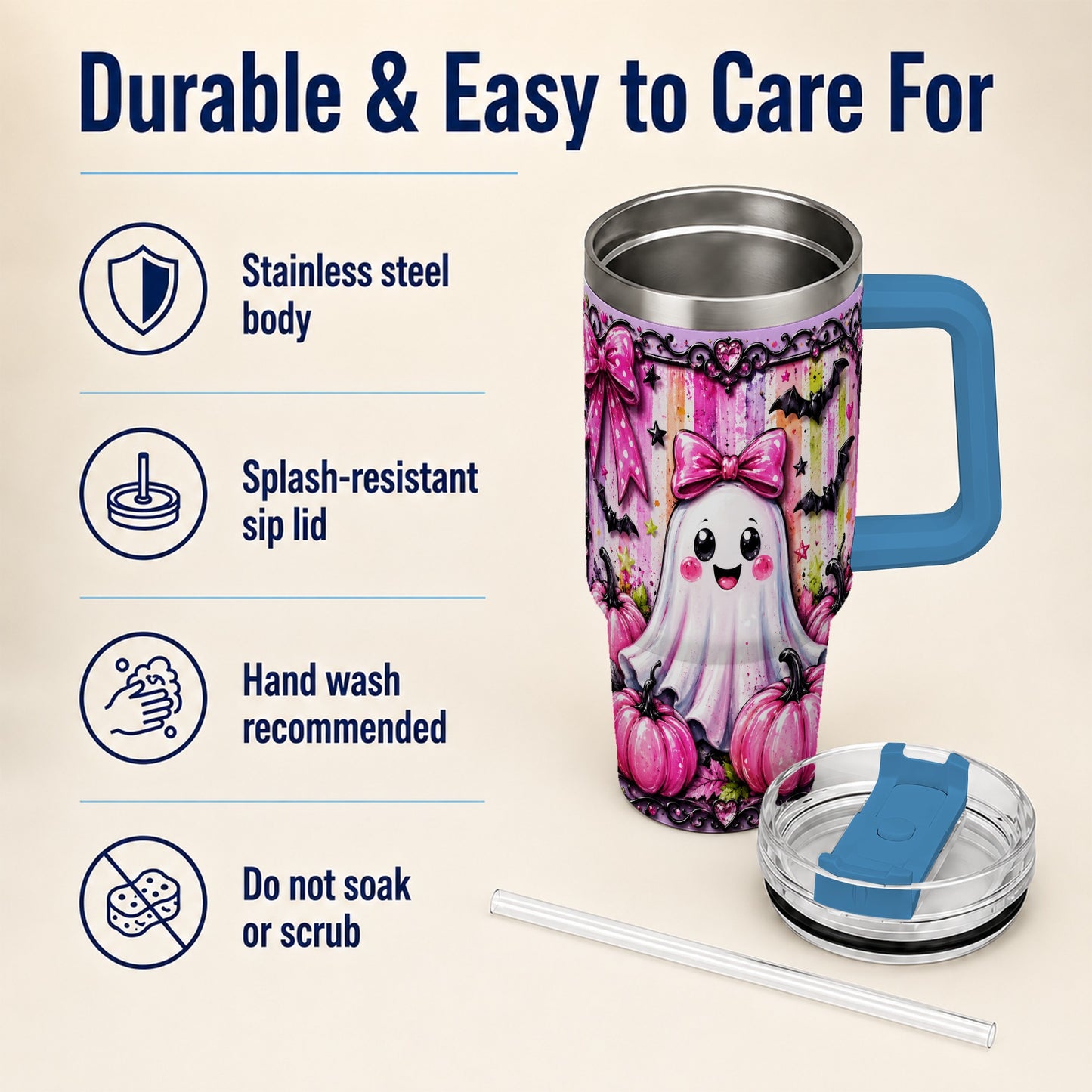 #pl[40oz|Blue] Cute Ghost 40oz Tumbler with Handle, Halloween Stainless Steel Travel Cup