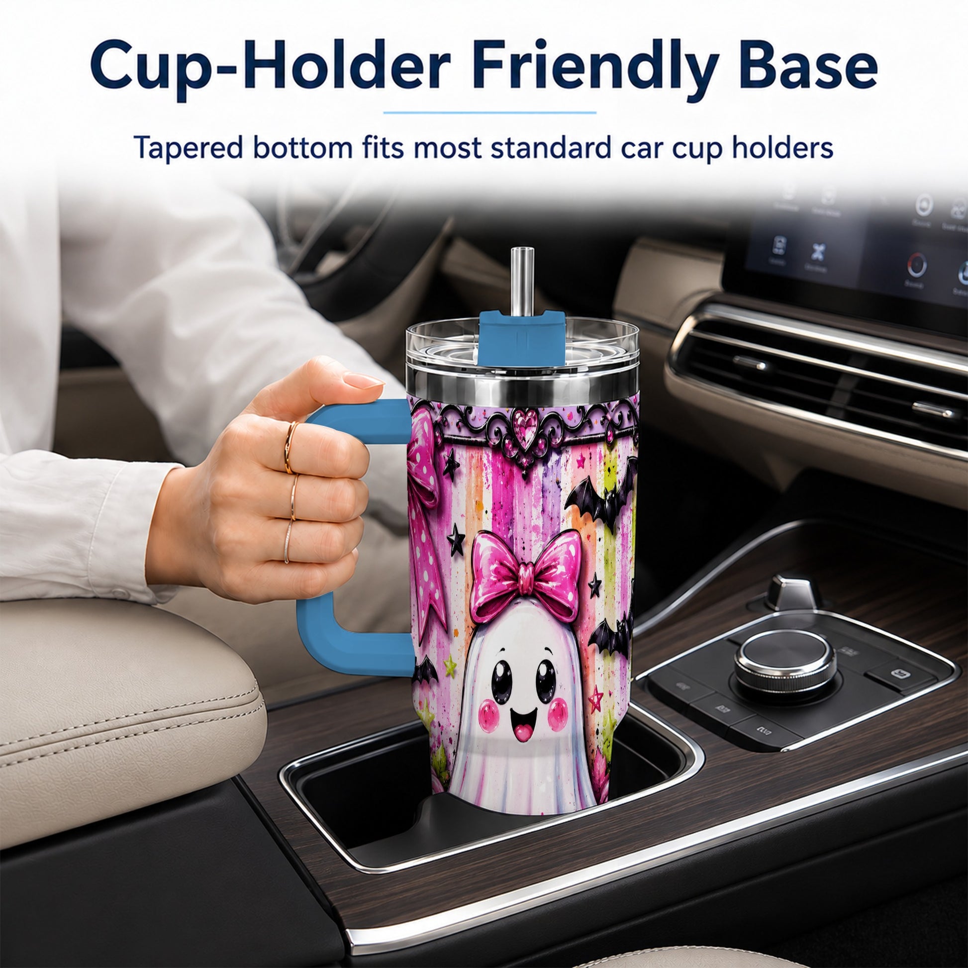 #pl[40oz|Blue] Cute Ghost 40oz Tumbler with Handle, Halloween Stainless Steel Travel Cup