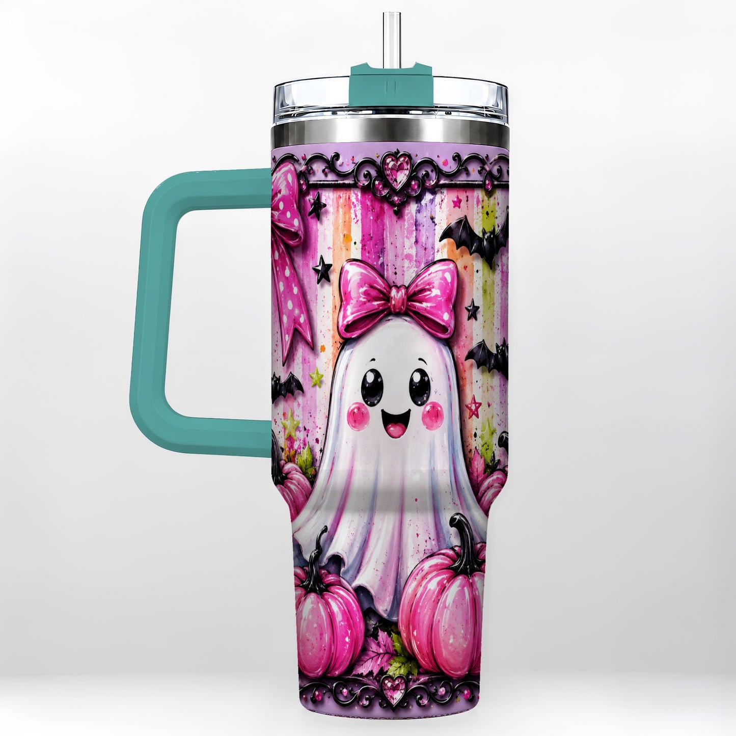 #pl[40oz|Green] Cute Ghost 40oz Tumbler with Handle, Halloween Stainless Steel Travel Cup