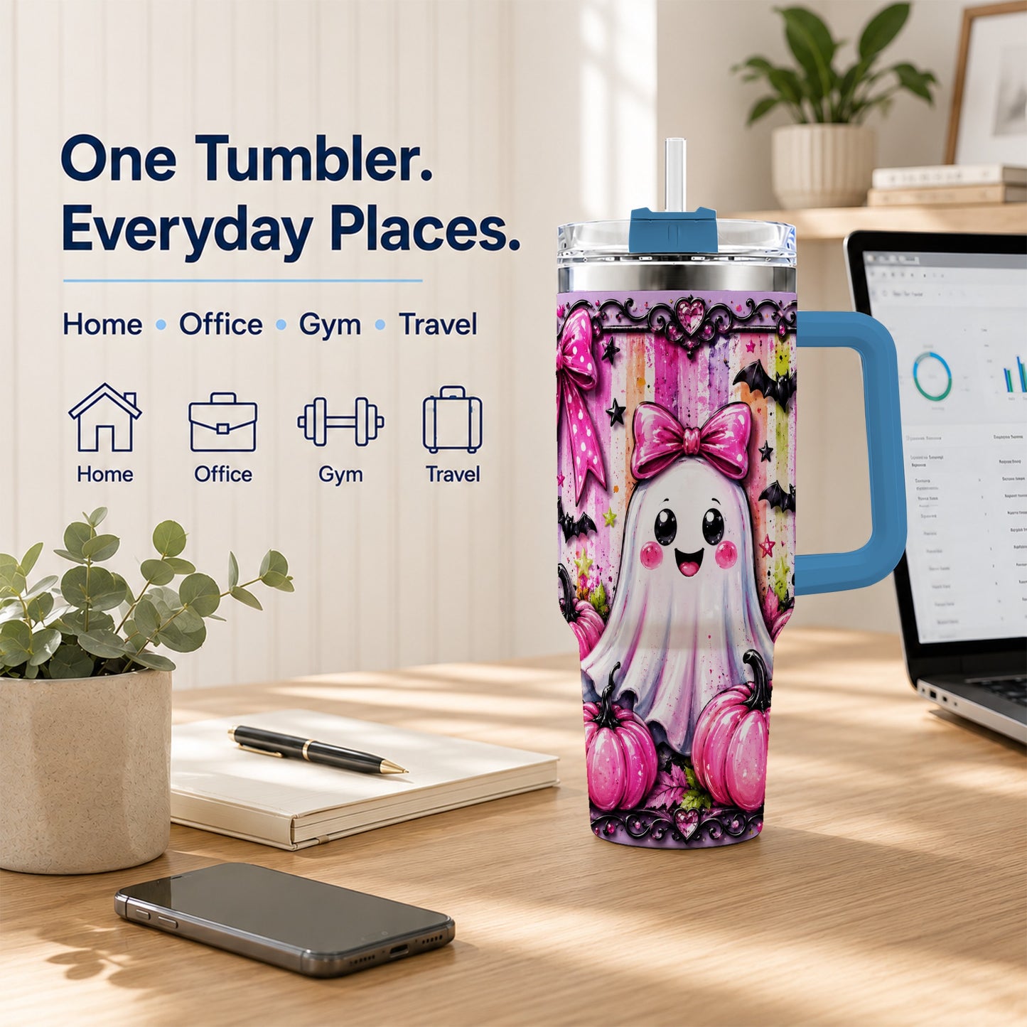 #pl[40oz|Blue] Cute Ghost 40oz Tumbler with Handle, Halloween Stainless Steel Travel Cup