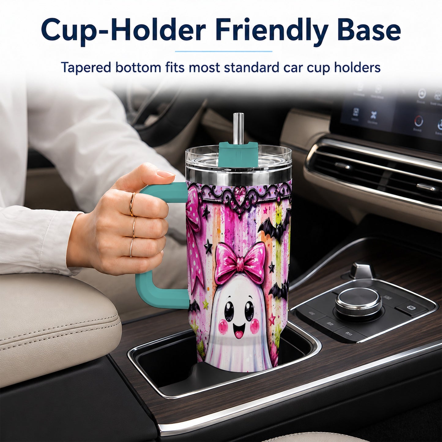 #pl[40oz|Green] Cute Ghost 40oz Tumbler with Handle, Halloween Stainless Steel Travel Cup