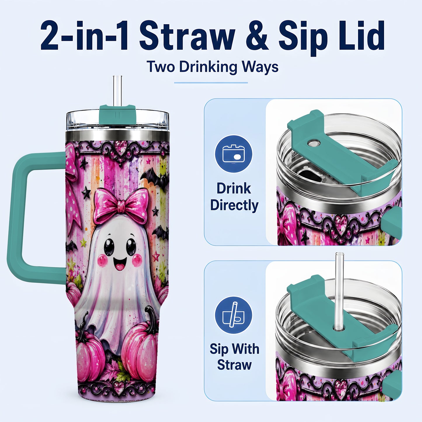 #pl[40oz|Green] Cute Ghost 40oz Tumbler with Handle, Halloween Stainless Steel Travel Cup