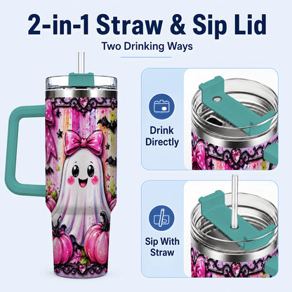 #pl[40oz|Green] Cute Ghost 40oz Tumbler with Handle, Halloween Stainless Steel Travel Cup
