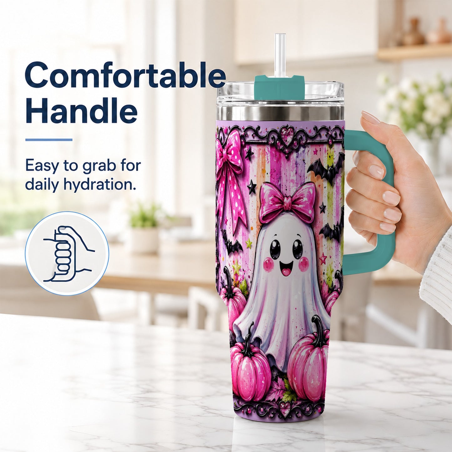 #pl[40oz|Green] Cute Ghost 40oz Tumbler with Handle, Halloween Stainless Steel Travel Cup