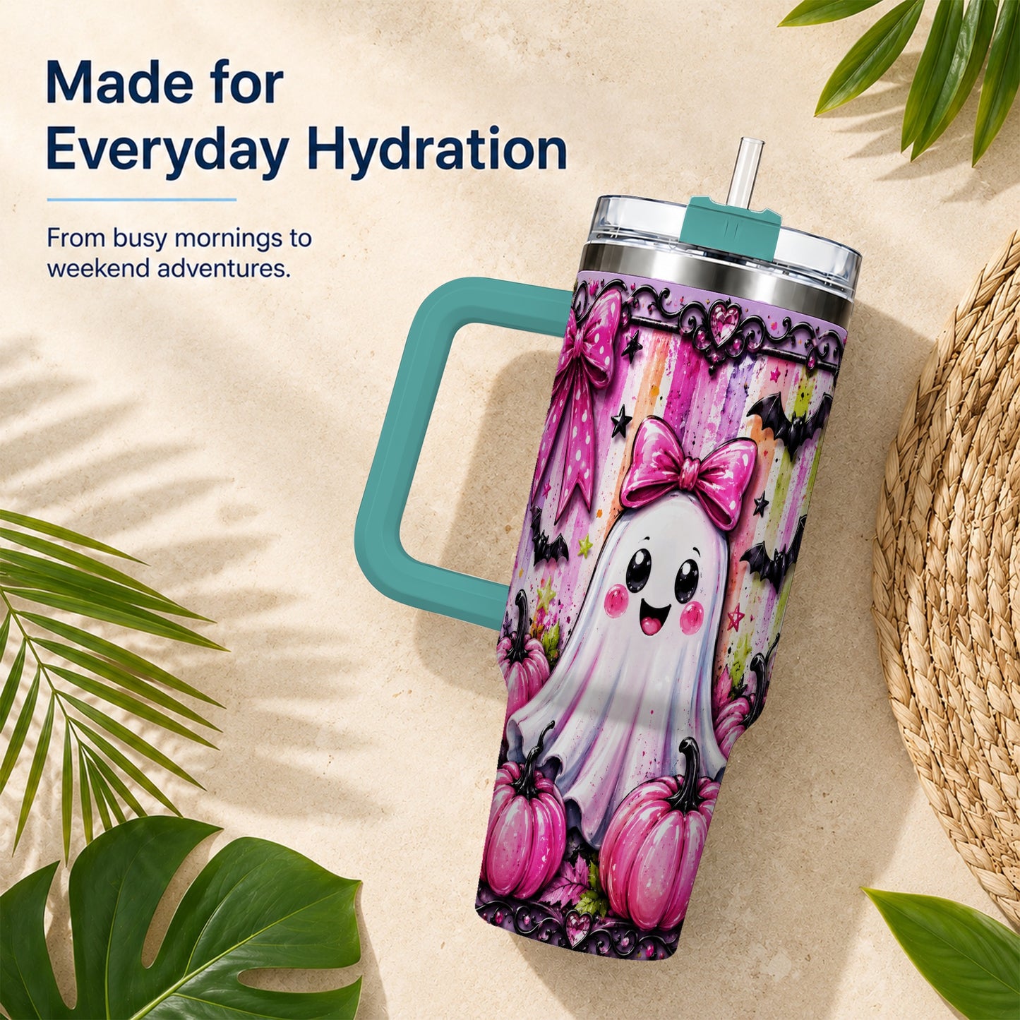#pl[40oz|Green] Cute Ghost 40oz Tumbler with Handle, Halloween Stainless Steel Travel Cup