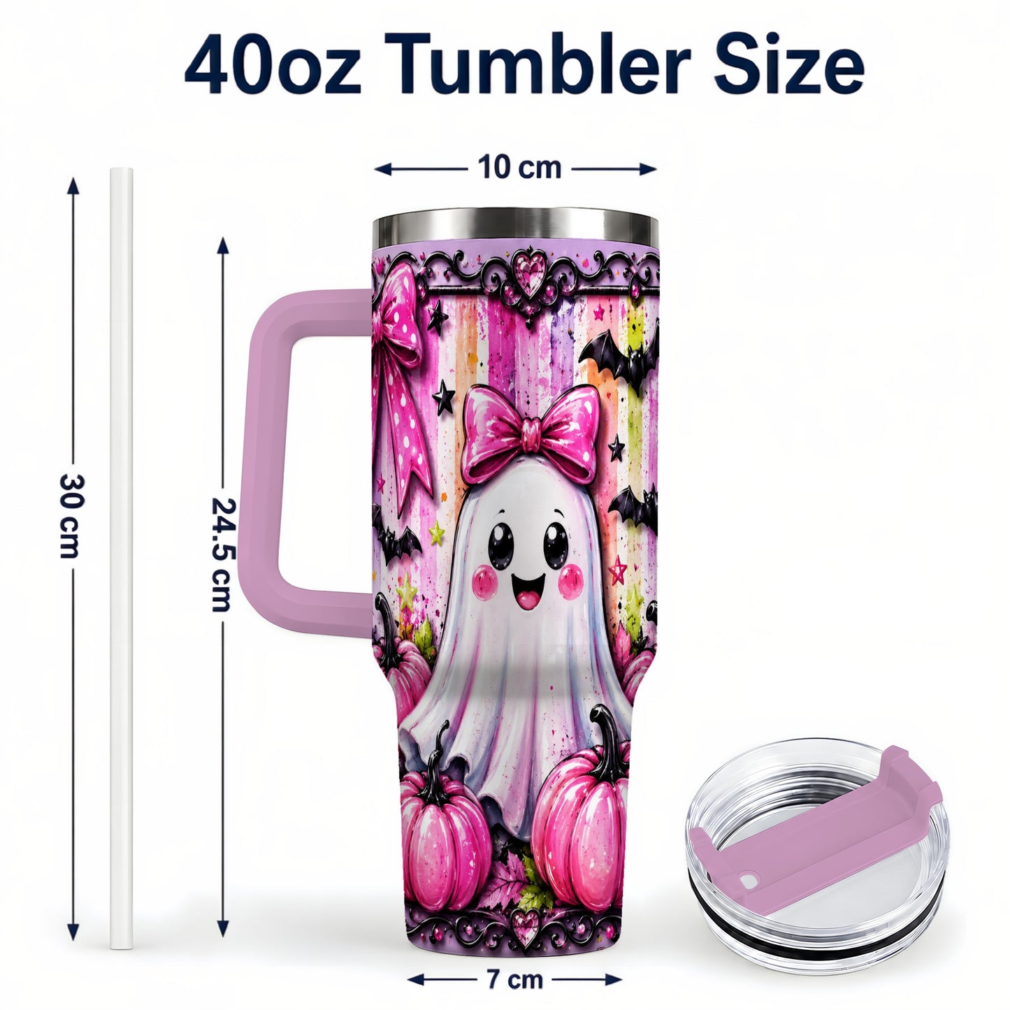 #pl[40oz|Pink] Cute Ghost 40oz Tumbler with Handle, Halloween Stainless Steel Travel Cup