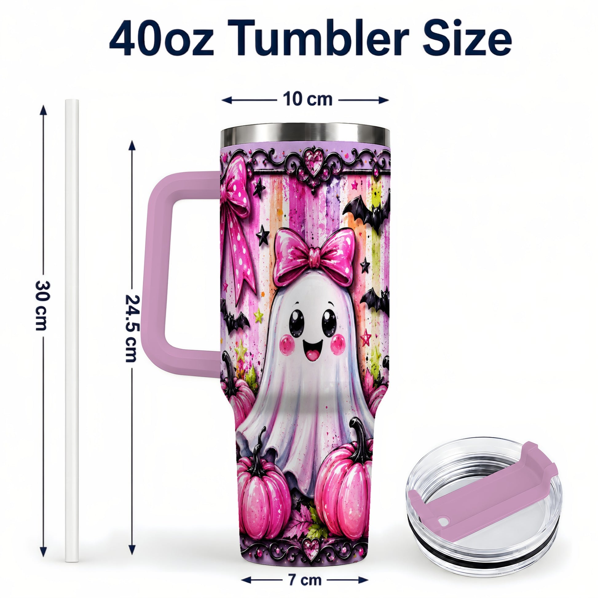 #pl[40oz|Pink] Cute Ghost 40oz Tumbler with Handle, Halloween Stainless Steel Travel Cup