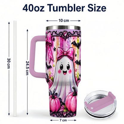 #pl[40oz|Pink] Cute Ghost 40oz Tumbler with Handle, Halloween Stainless Steel Travel Cup