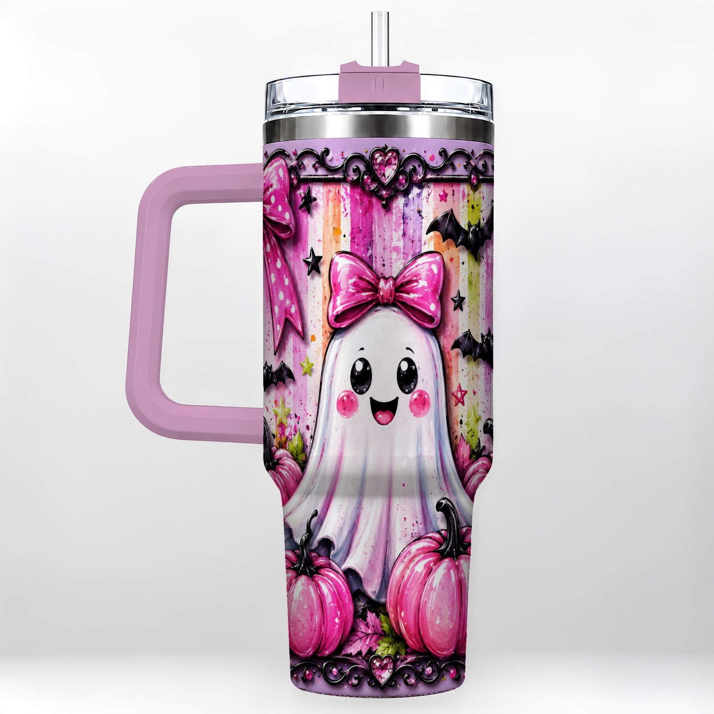 #pl[40oz|Pink] Cute Ghost 40oz Tumbler with Handle, Halloween Stainless Steel Travel Cup