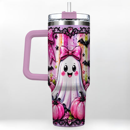 #pl[40oz|Pink] Cute Ghost 40oz Tumbler with Handle, Halloween Stainless Steel Travel Cup