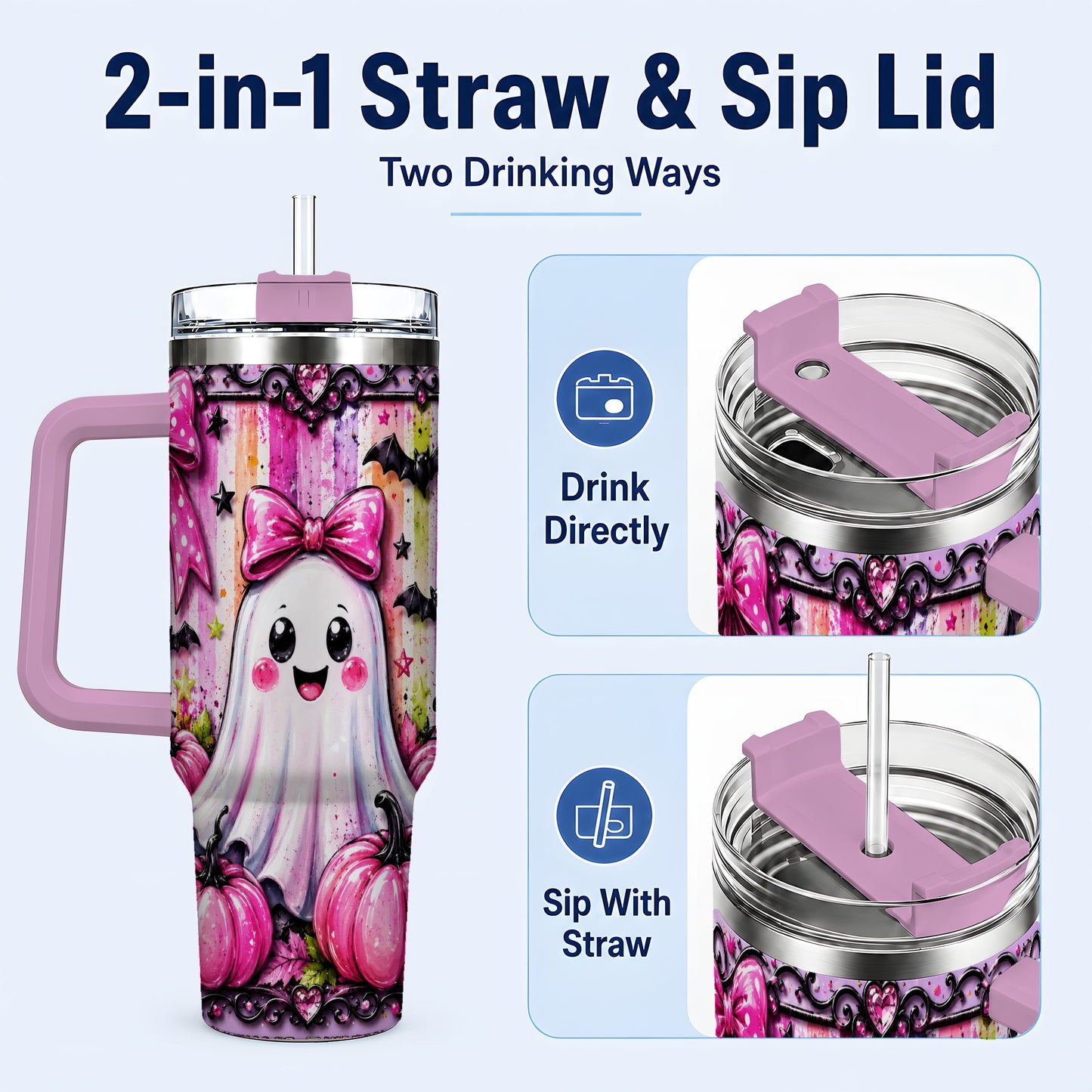 #pl[40oz|Pink] Cute Ghost 40oz Tumbler with Handle, Halloween Stainless Steel Travel Cup