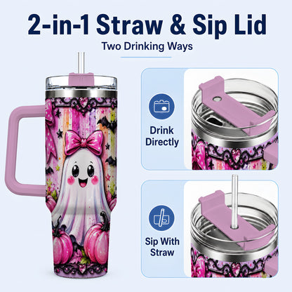 #pl[40oz|Pink] Cute Ghost 40oz Tumbler with Handle, Halloween Stainless Steel Travel Cup