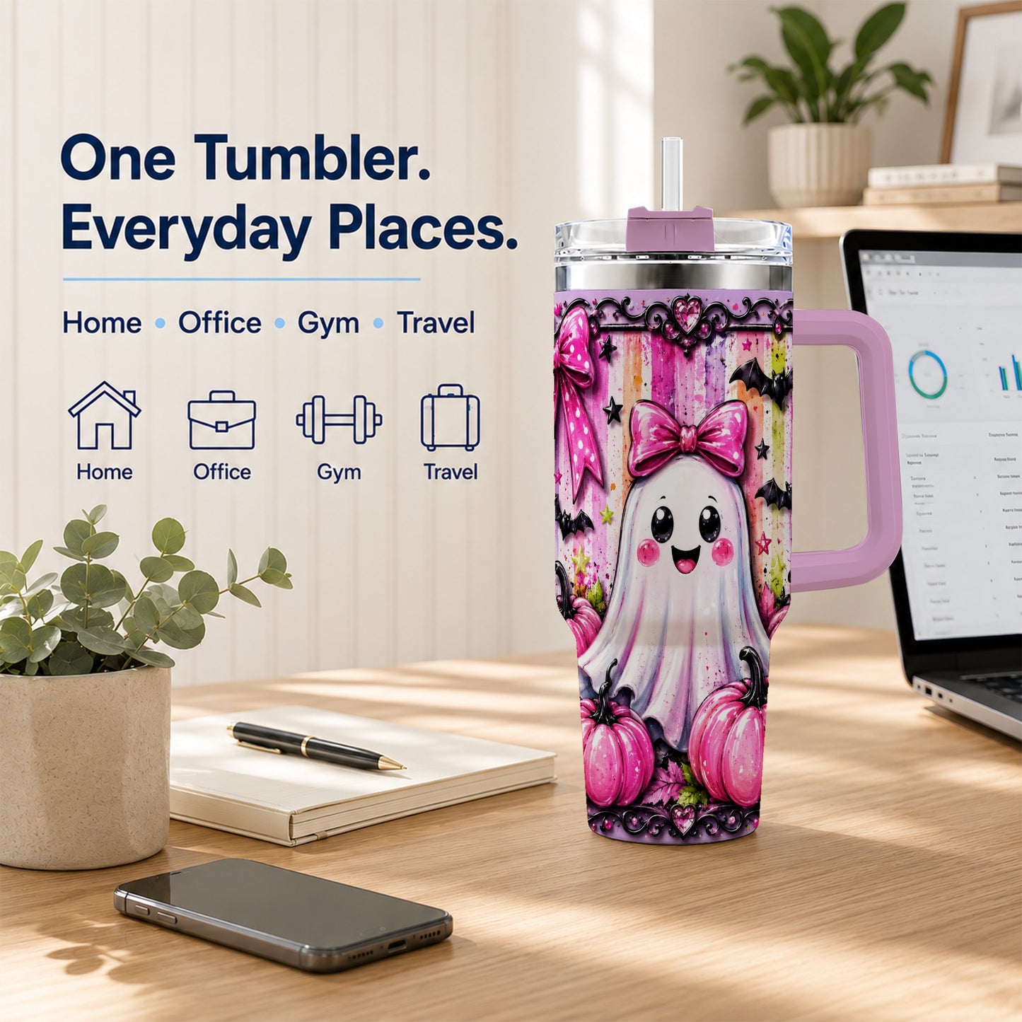 #pl[40oz|Pink] Cute Ghost 40oz Tumbler with Handle, Halloween Stainless Steel Travel Cup