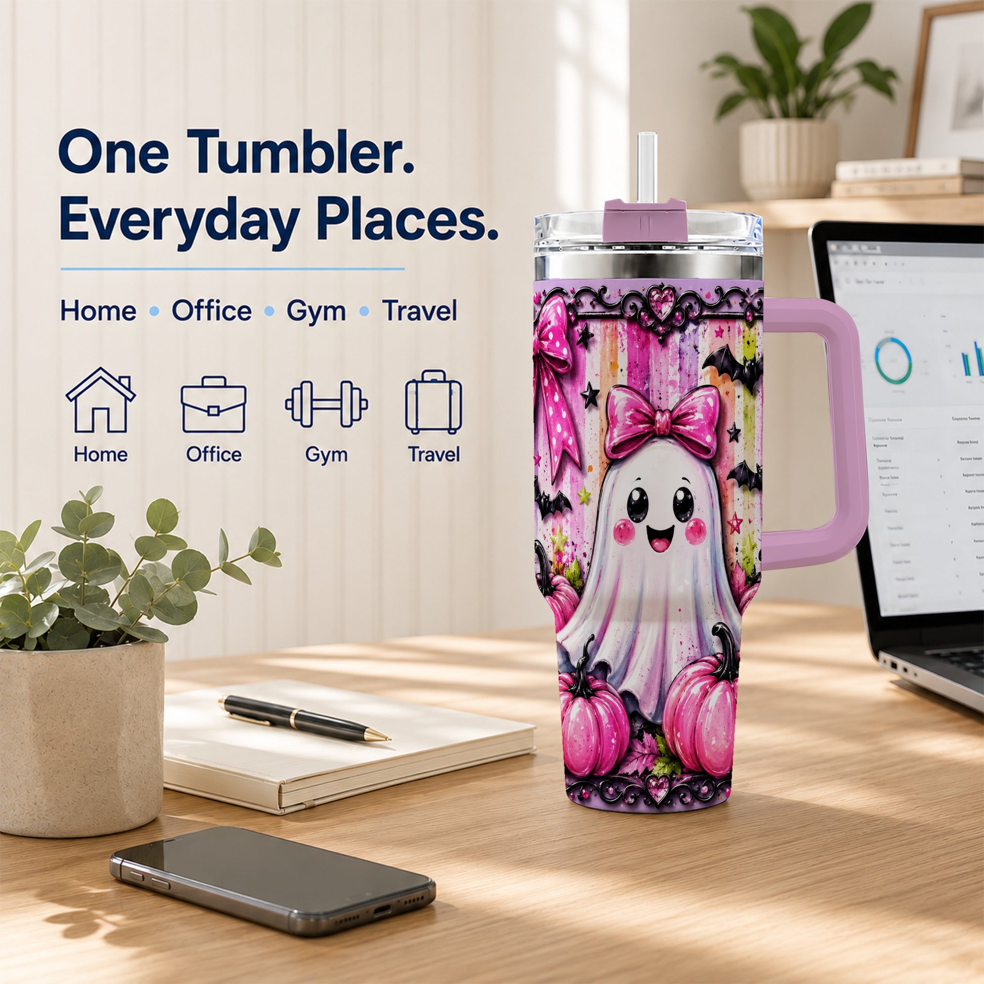 #pl[40oz|Pink] Cute Ghost 40oz Tumbler with Handle, Halloween Stainless Steel Travel Cup