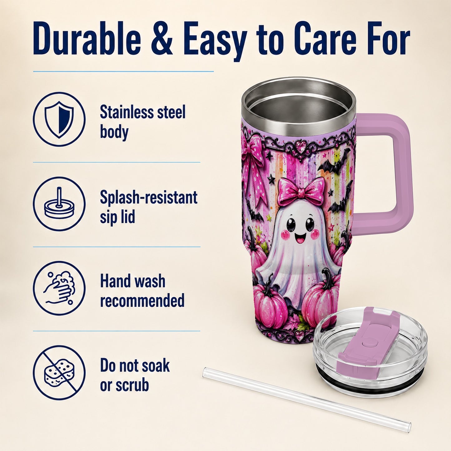 #pl[40oz|Pink] Cute Ghost 40oz Tumbler with Handle, Halloween Stainless Steel Travel Cup