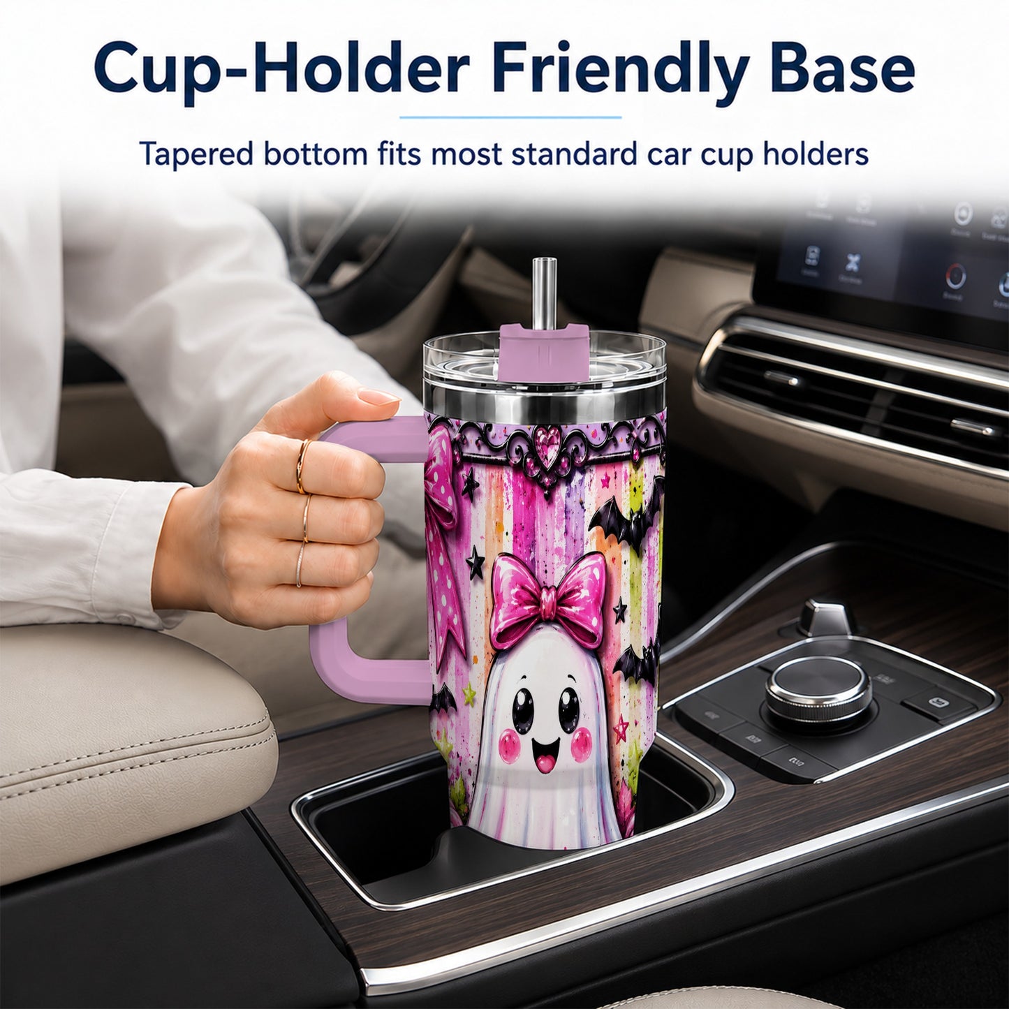 #pl[40oz|Pink] Cute Ghost 40oz Tumbler with Handle, Halloween Stainless Steel Travel Cup