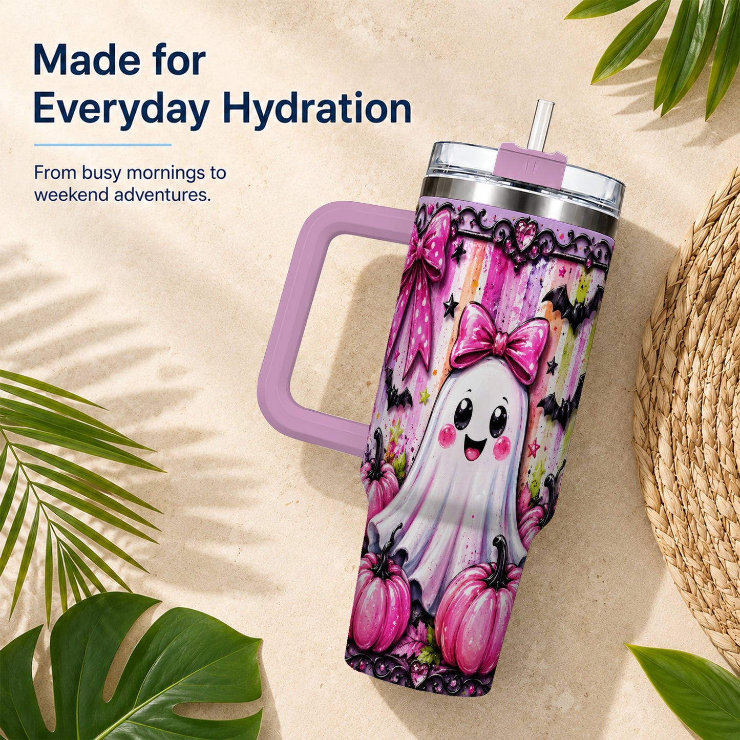 #pl[40oz|Pink] Cute Ghost 40oz Tumbler with Handle, Halloween Stainless Steel Travel Cup
