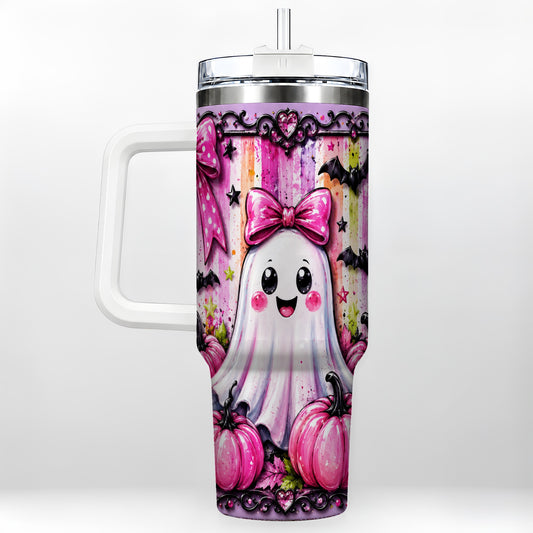 #pl[40oz|White] Cute Ghost 40oz Tumbler with Handle, Halloween Stainless Steel Travel Cup