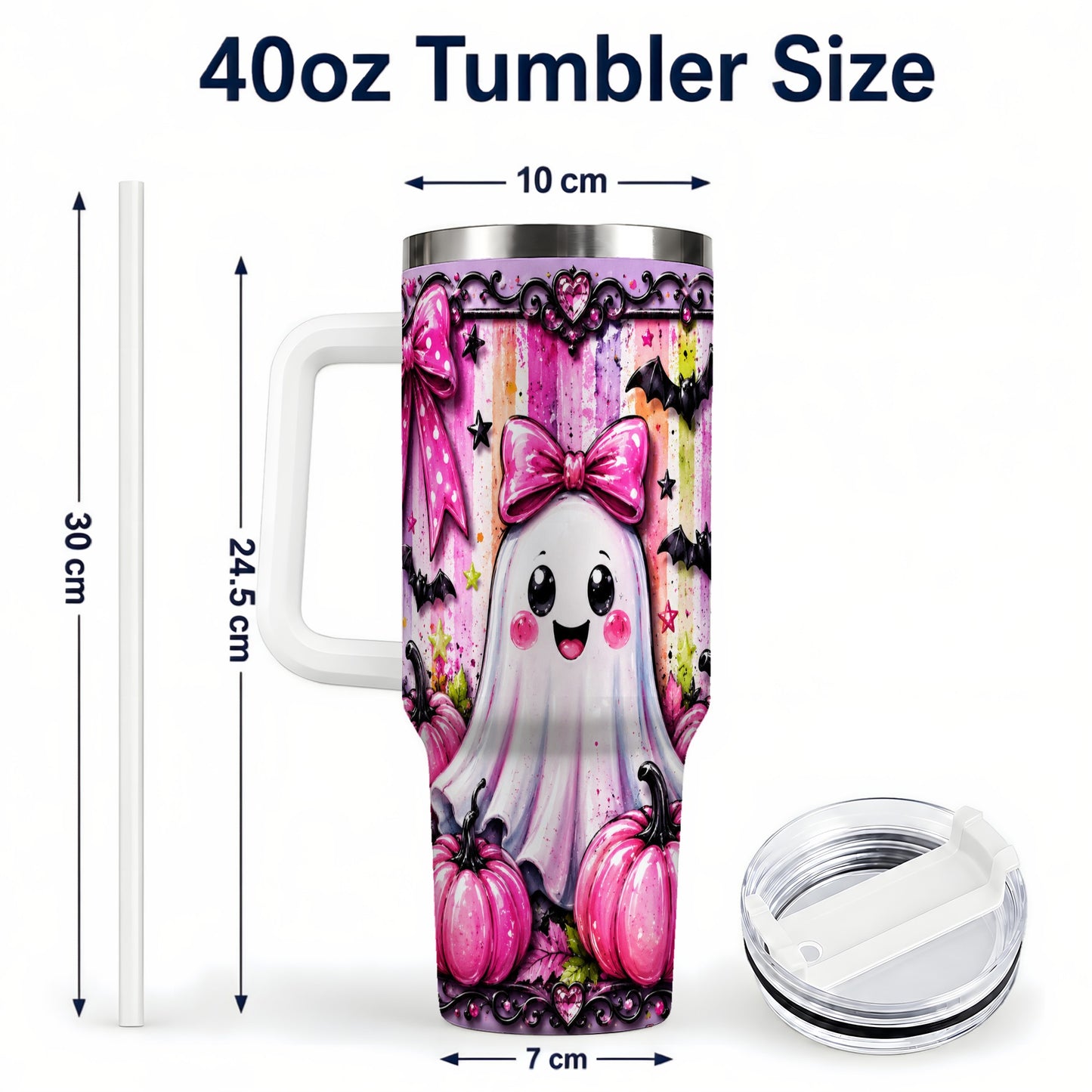 #pl[40oz|White] Cute Ghost 40oz Tumbler with Handle, Halloween Stainless Steel Travel Cup
