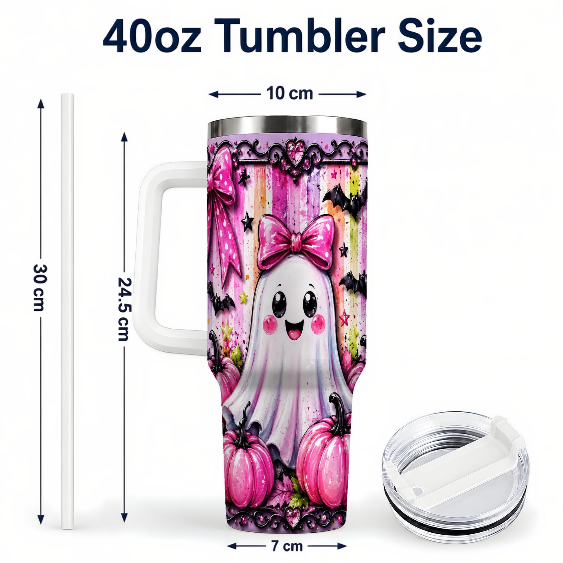 #pl[40oz|White] Cute Ghost 40oz Tumbler with Handle, Halloween Stainless Steel Travel Cup