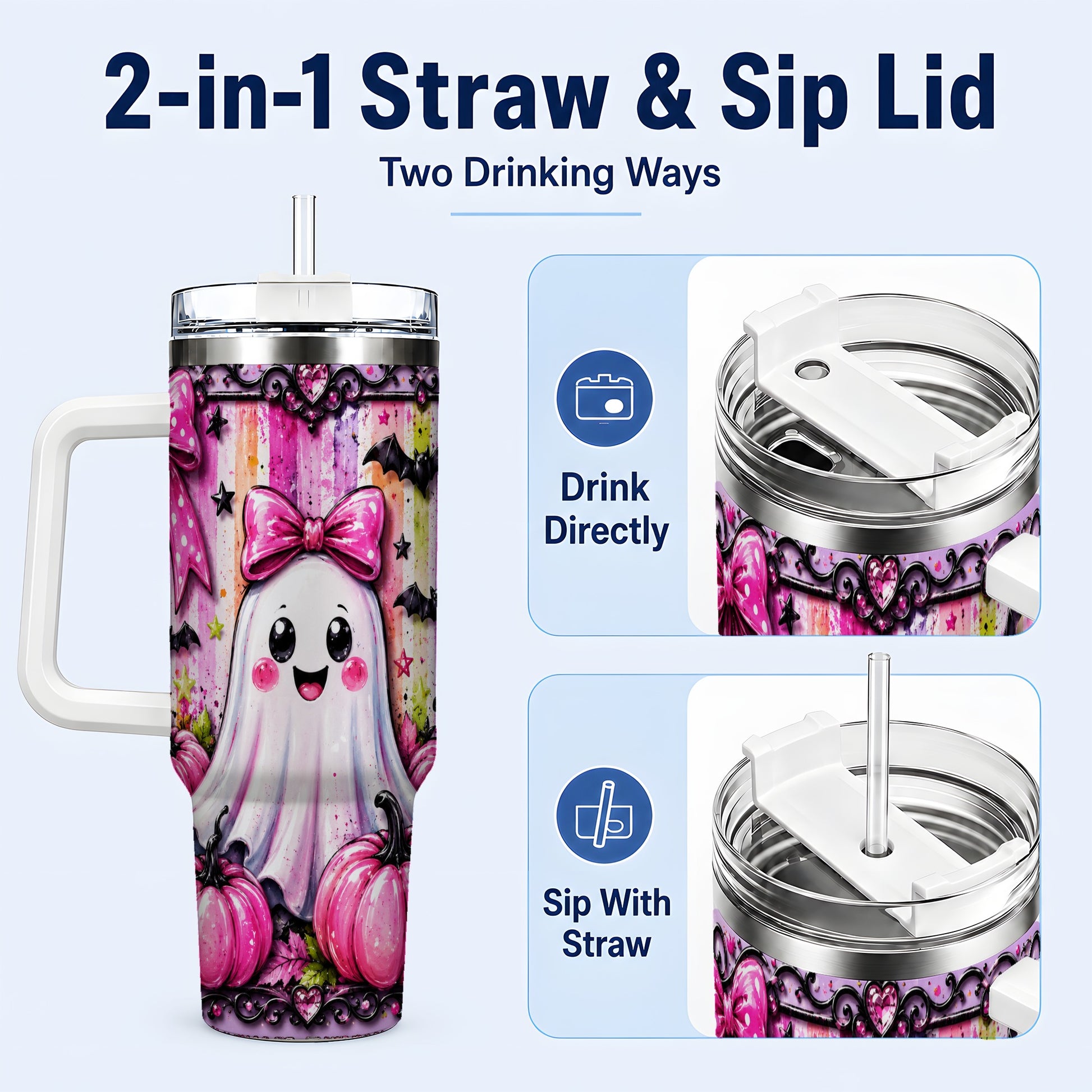 #pl[40oz|White] Cute Ghost 40oz Tumbler with Handle, Halloween Stainless Steel Travel Cup