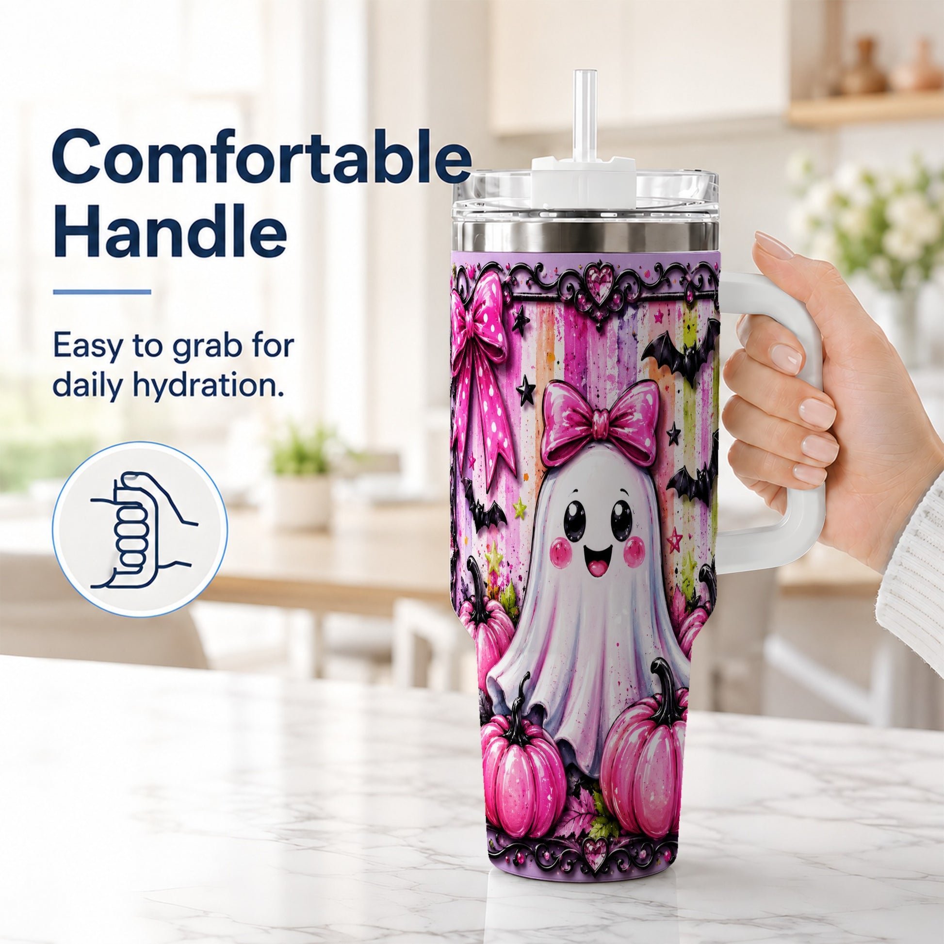 #pl[40oz|White] Cute Ghost 40oz Tumbler with Handle, Halloween Stainless Steel Travel Cup