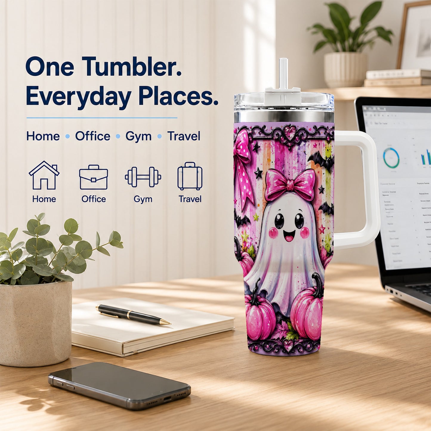 #pl[40oz|White] Cute Ghost 40oz Tumbler with Handle, Halloween Stainless Steel Travel Cup
