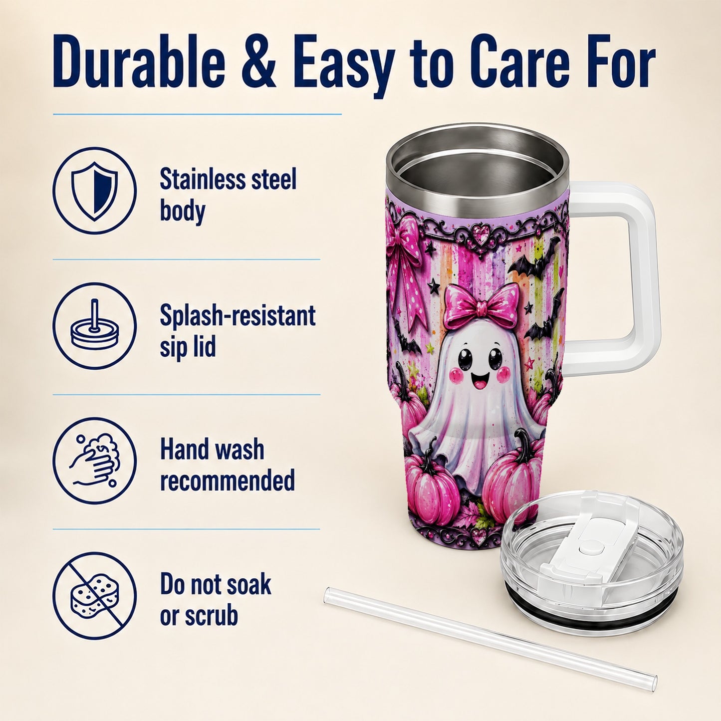 #pl[40oz|White] Cute Ghost 40oz Tumbler with Handle, Halloween Stainless Steel Travel Cup