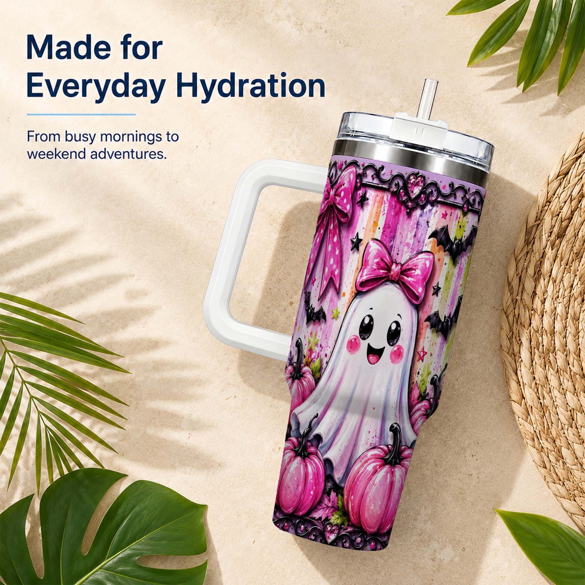 #pl[40oz|White] Cute Ghost 40oz Tumbler with Handle, Halloween Stainless Steel Travel Cup