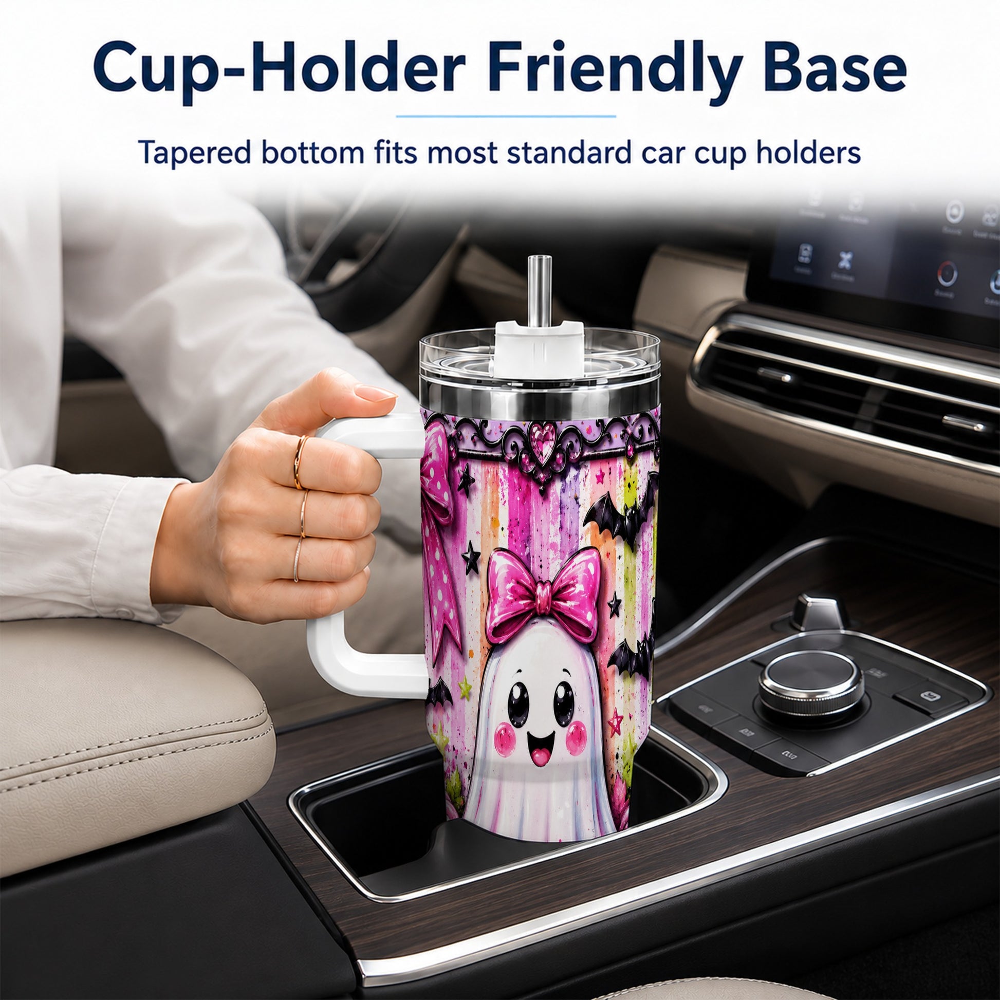 #pl[40oz|White] Cute Ghost 40oz Tumbler with Handle, Halloween Stainless Steel Travel Cup