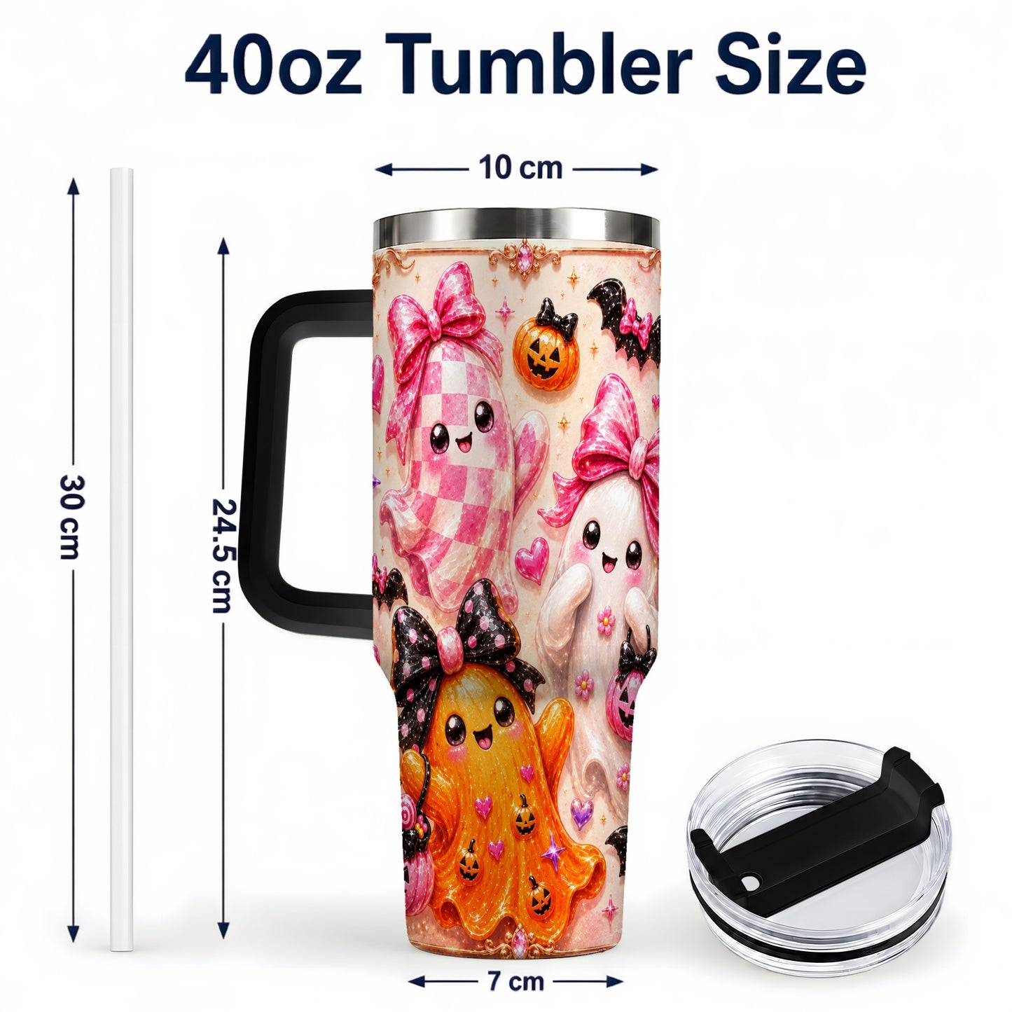#pl[40oz|Black] Ghost Trio 40oz Tumbler with Handle, Halloween Stainless Steel Travel Cup