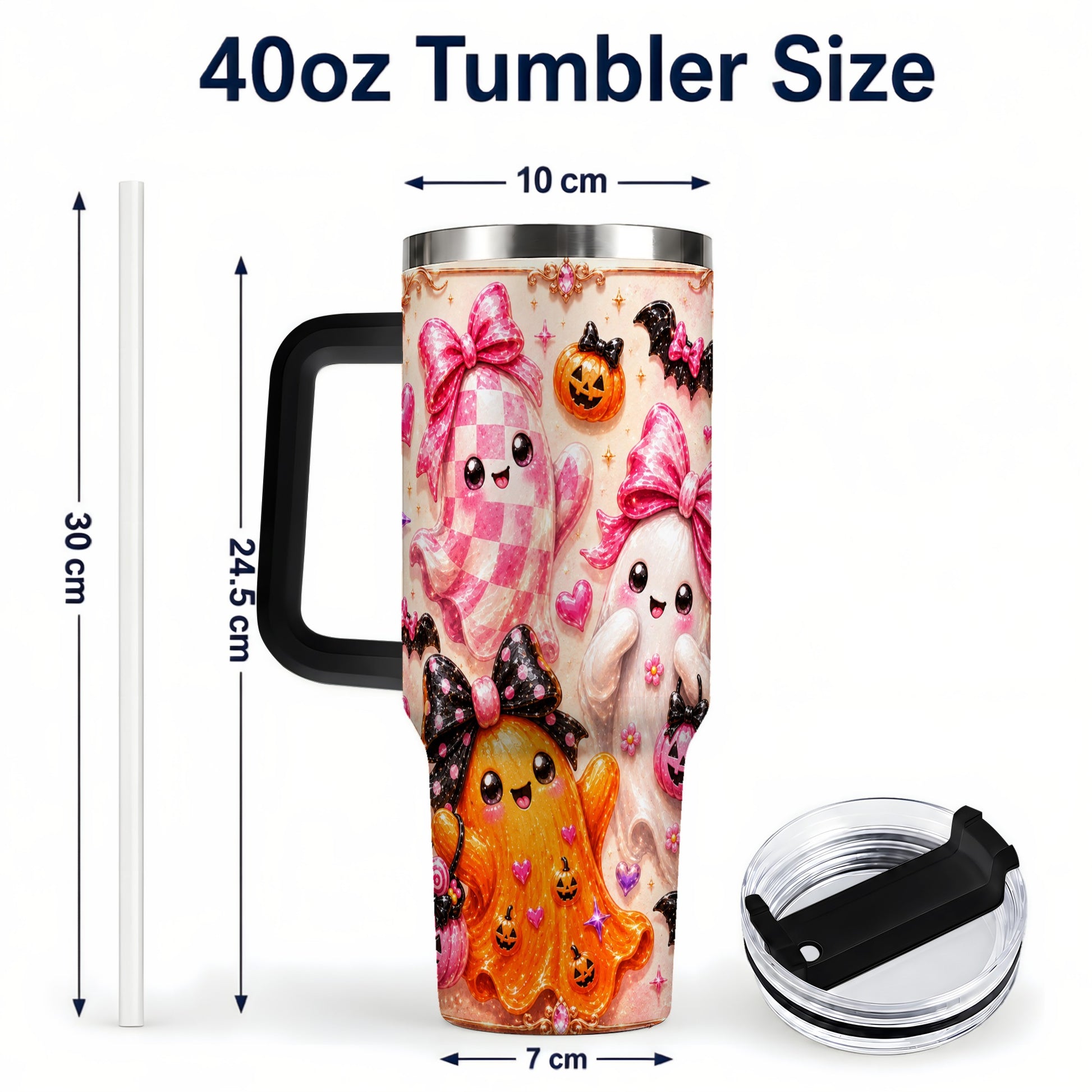 #pl[40oz|Black] Ghost Trio 40oz Tumbler with Handle, Halloween Stainless Steel Travel Cup