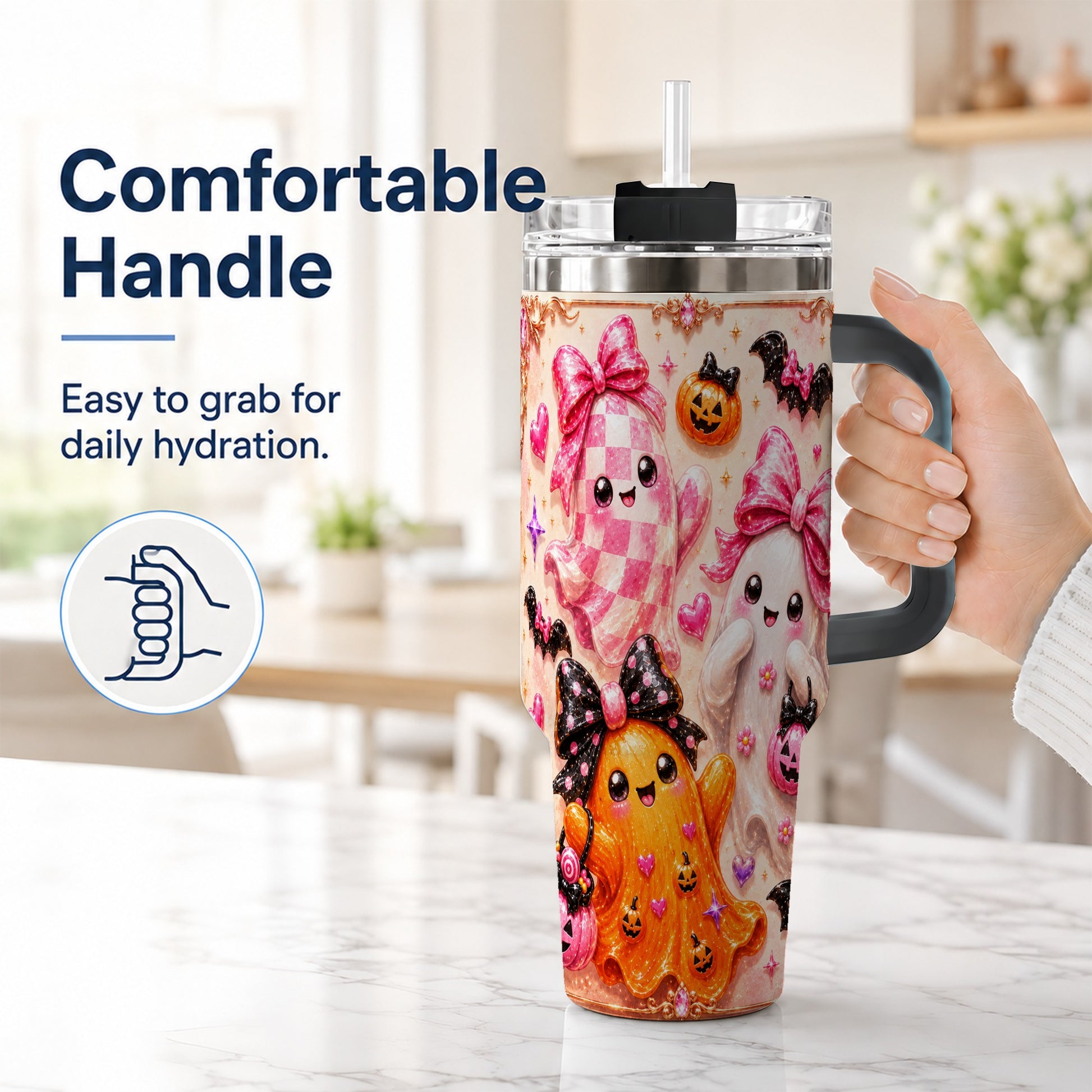 #pl[40oz|Black] Ghost Trio 40oz Tumbler with Handle, Halloween Stainless Steel Travel Cup