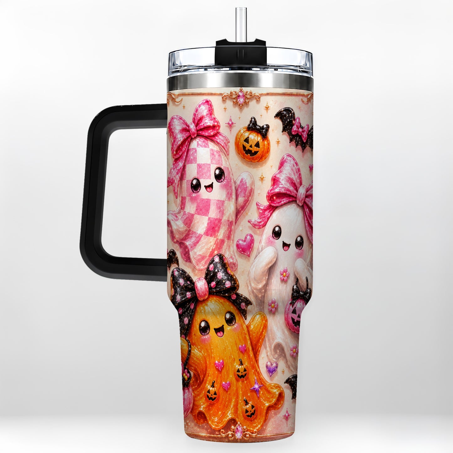 #pl[40oz|Black] Ghost Trio 40oz Tumbler with Handle, Halloween Stainless Steel Travel Cup