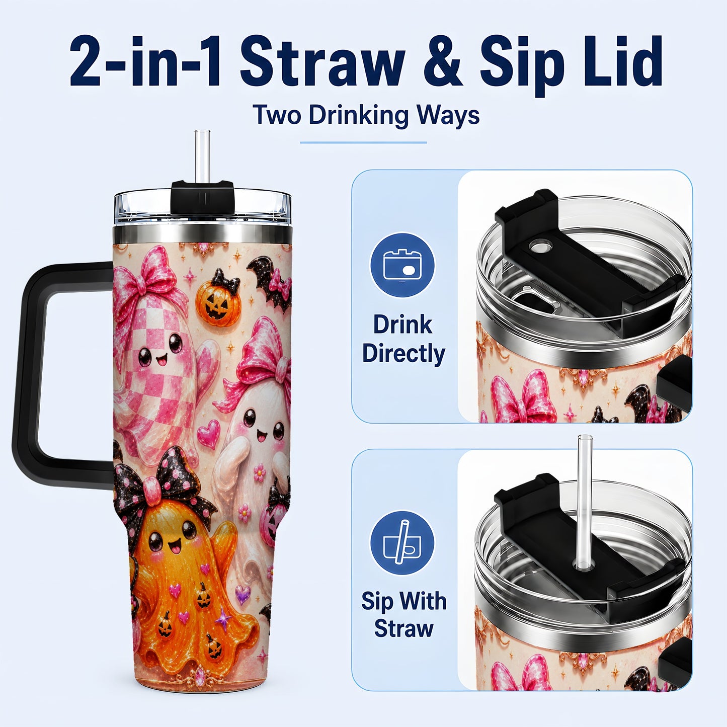 #pl[40oz|Black] Ghost Trio 40oz Tumbler with Handle, Halloween Stainless Steel Travel Cup