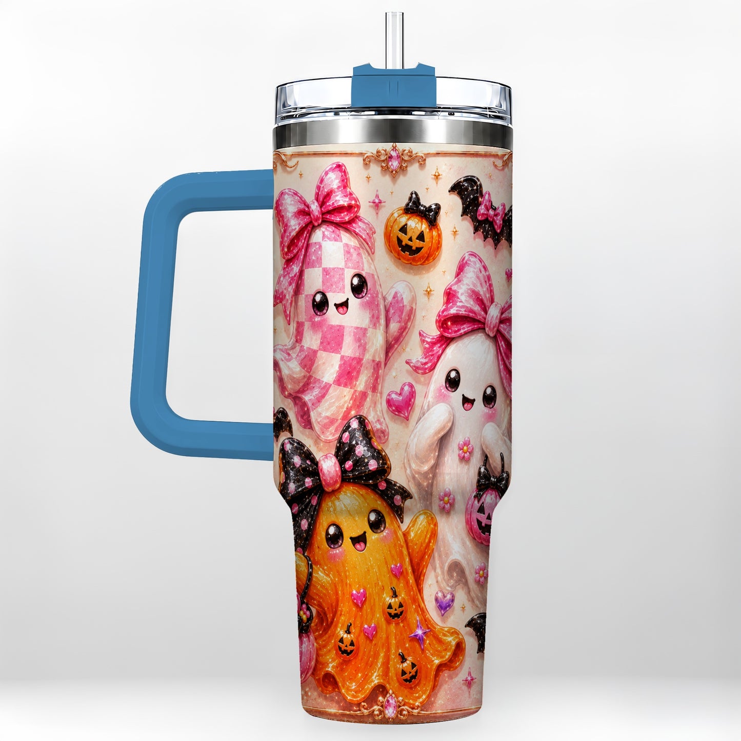 #pl[40oz|Blue] Ghost Trio 40oz Tumbler with Handle, Halloween Stainless Steel Travel Cup