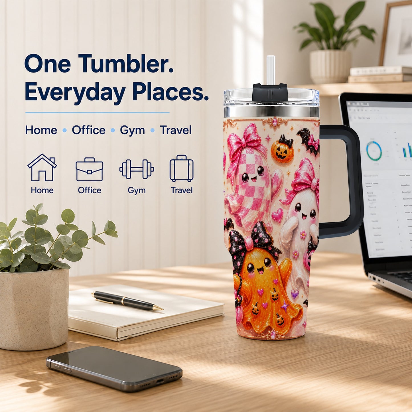#pl[40oz|Black] Ghost Trio 40oz Tumbler with Handle, Halloween Stainless Steel Travel Cup