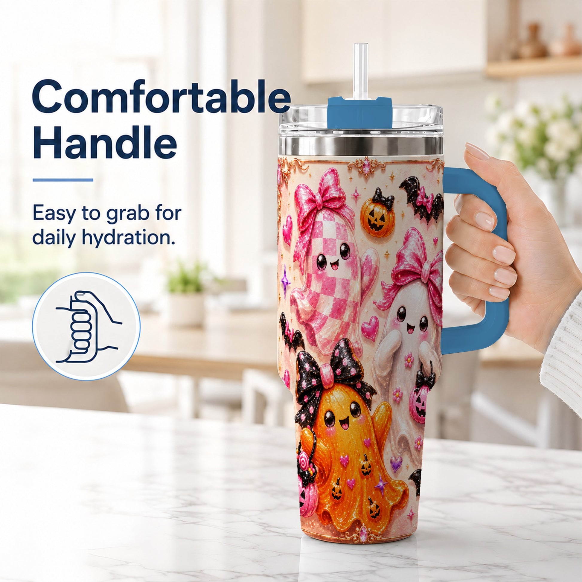 #pl[40oz|Blue] Ghost Trio 40oz Tumbler with Handle, Halloween Stainless Steel Travel Cup