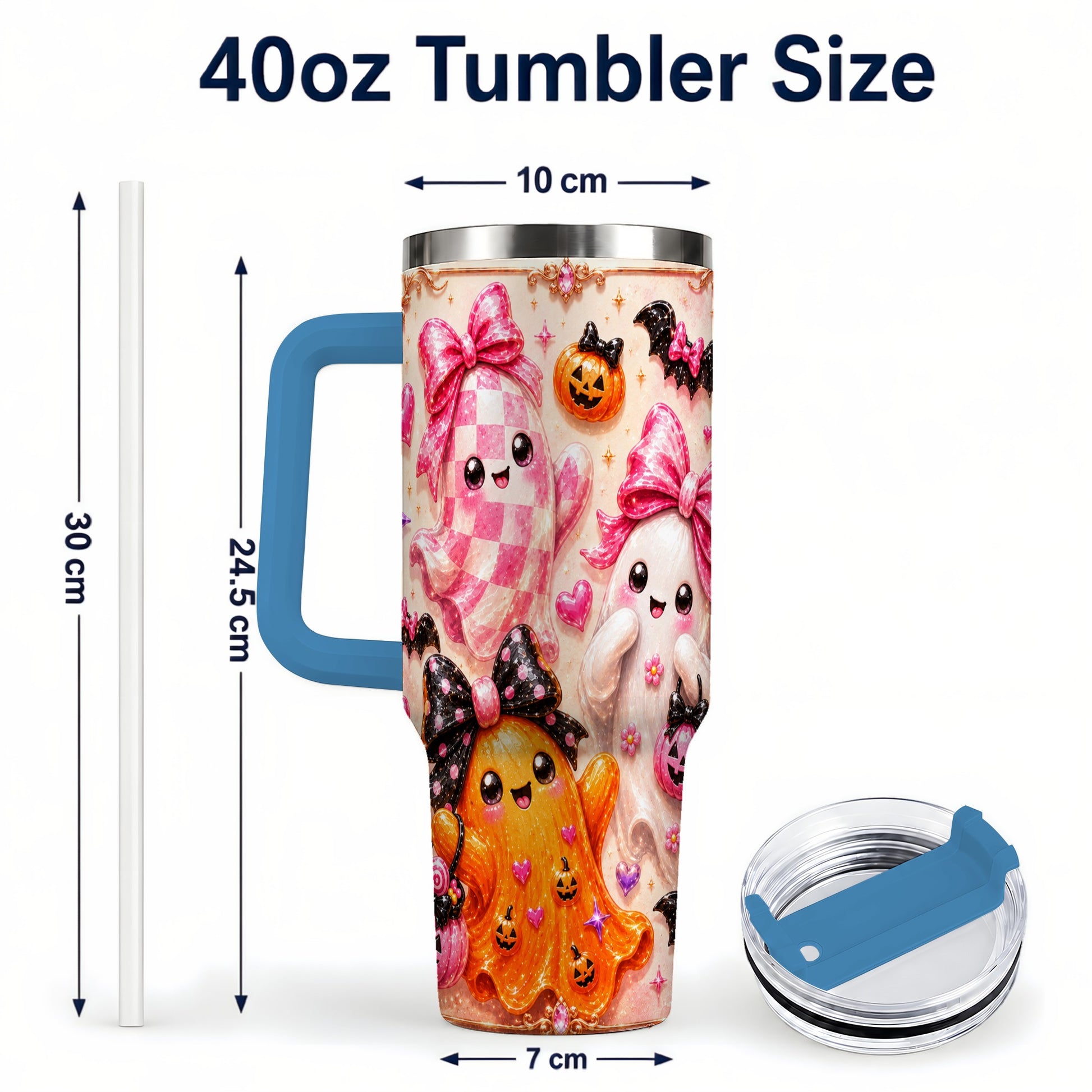 #pl[40oz|Blue] Ghost Trio 40oz Tumbler with Handle, Halloween Stainless Steel Travel Cup